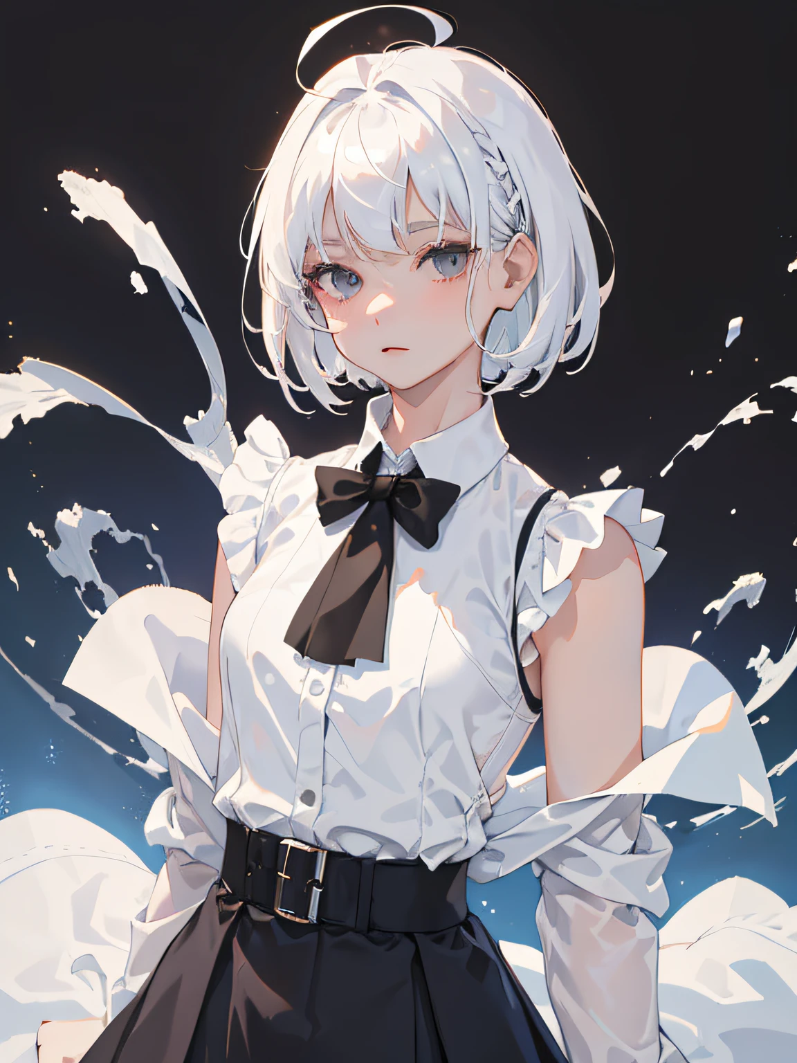 ((masterpiece, best quality)), (1girl), (solo), (female focus), (ahoge, white hair, short hair), black eyes, ((white shirt), (buttoned shirt)), ((black skirt), (short skirt)), standing, white background, behind arms,