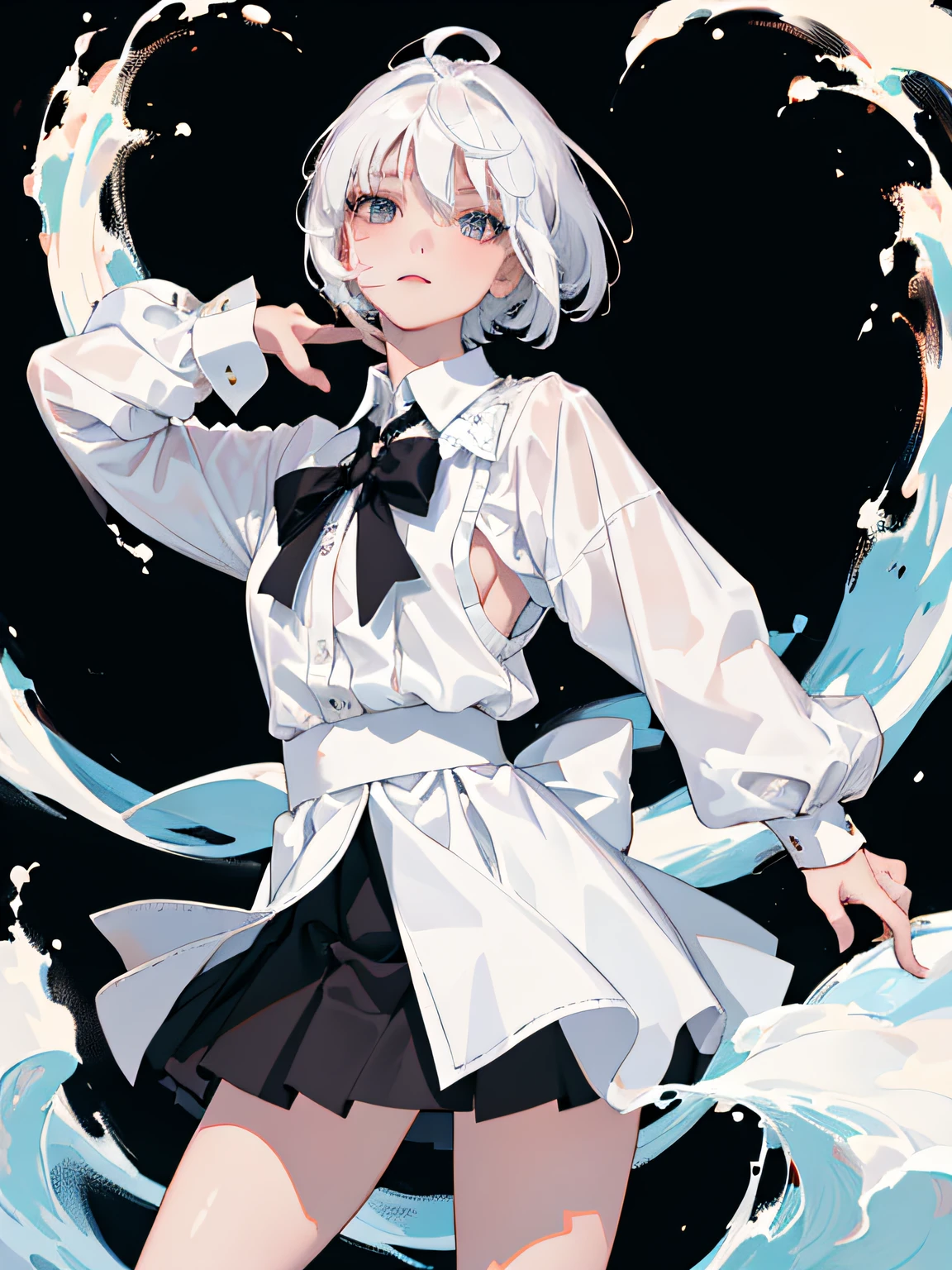 ((masterpiece, best quality)), (1girl), (solo), (female focus), (ahoge, white hair, short hair), black eyes, ((white shirt), (buttoned shirt)), ((black skirt), (short skirt)), standing, white background, behind arms,