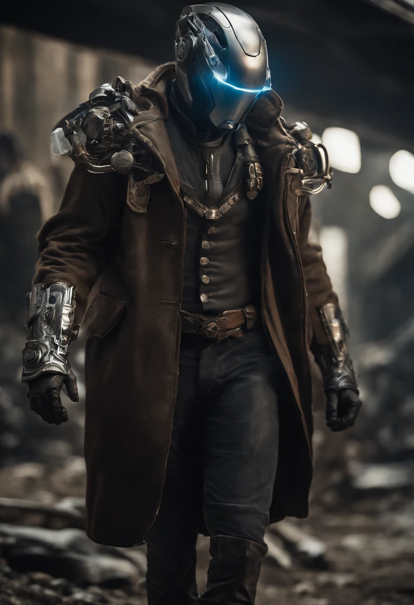 Visualize a male android, a striking fusion of human-like form and advanced machinery, standing in a post-apocalyptic wasteland. His sleek metallic body is both rugged and refined, reminiscent of iconic android characters from popular concept art. The android is dressed in a tattered, weather-worn duster coat, which flows dramatically in the wind. The coat, a patchwork of faded leather and aged fabric, exudes a sense of history and battle-tested experience. Beneath the coat, his sculpted, mechanical torso is visible, adorned with exposed gears and circuitry reminiscent of iconic cybernetic characters. These intricate details give him an air of technological sophistication. A broad-brimmed hat rests atop his head, casting his artificial face in shadow, just as popular android concept art often conceals facial features in mystery. Only one eye, a piercing blue light like those seen in renowned android designs, glows beneath the hat's shadow, conveying an aura of enigmatic determination. The lower half of his face is exposed, revealing a chiseled jawline and a set of mechanical lips. This juxtaposition of human and mechanical elements adds depth and intrigue to his appearance. One of his arms, an intricate masterpiece of polished chrome and intricate design, terminates in a hand that clutches a futuristic six-shooter. This weapon, with its intricate and ornate design, mirrors the iconic firearms often seen in cybernetic and android concept art. In this moment, amidst the desolation of the wasteland, the android stands as a captivating embodiment of popular android character concepts. The wind stirs his coat, creating a dynamic and visually arresting tableau. The Stranger is poised for action, a male android who captures the essence of technological prowess and mysterious determination.