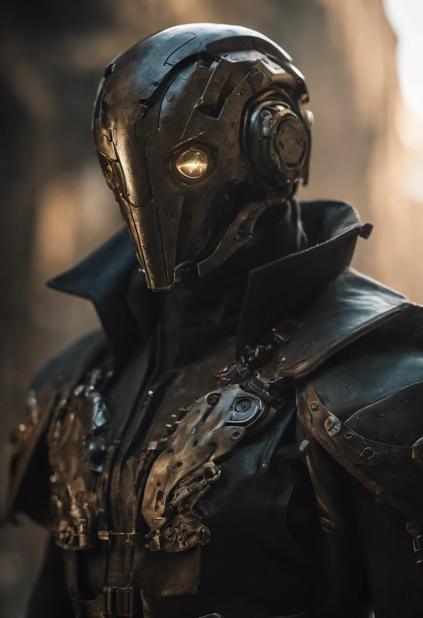 Visualize a male android, a striking fusion of human-like form and advanced machinery, standing in a post-apocalyptic wasteland. His sleek metallic body is both rugged and refined, reminiscent of iconic android characters from popular concept art. The android is dressed in a tattered, weather-worn duster coat, which flows dramatically in the wind. The coat, a patchwork of faded leather and aged fabric, exudes a sense of history and battle-tested experience. Beneath the coat, his sculpted, mechanical torso is visible, adorned with exposed gears and circuitry reminiscent of iconic cybernetic characters. These intricate details give him an air of technological sophistication. A broad-brimmed hat rests atop his head, casting his artificial face in shadow, just as popular android concept art often conceals facial features in mystery. Only one eye, a piercing blue light like those seen in renowned android designs, glows beneath the hat's shadow, conveying an aura of enigmatic determination. The lower half of his face is exposed, revealing a chiseled jawline and a set of mechanical lips. This juxtaposition of human and mechanical elements adds depth and intrigue to his appearance. One of his arms, an intricate masterpiece of polished chrome and intricate design, terminates in a hand that clutches a futuristic six-shooter. This weapon, with its intricate and ornate design, mirrors the iconic firearms often seen in cybernetic and android concept art. In this moment, amidst the desolation of the wasteland, the android stands as a captivating embodiment of popular android character concepts. The wind stirs his coat, creating a dynamic and visually arresting tableau. The Stranger is poised for action, a male android who captures the essence of technological prowess and mysterious determination.