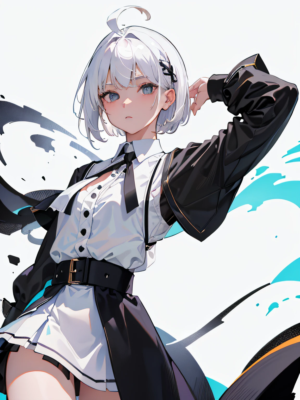 ((masterpiece, best quality)), (1girl), (solo), (female focus), (ahoge, white hair, short hair), black eyes, ((white shirt), (buttoned shirt)), ((black skirt), (short skirt)), standing, white background, behind arms,