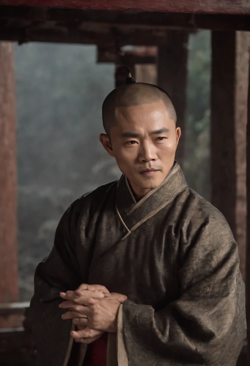 Jet Li,With sunglasses,Qing dynasty hemp costumes,Late Qing style street,Stand on the door frame,dark stormy clouds