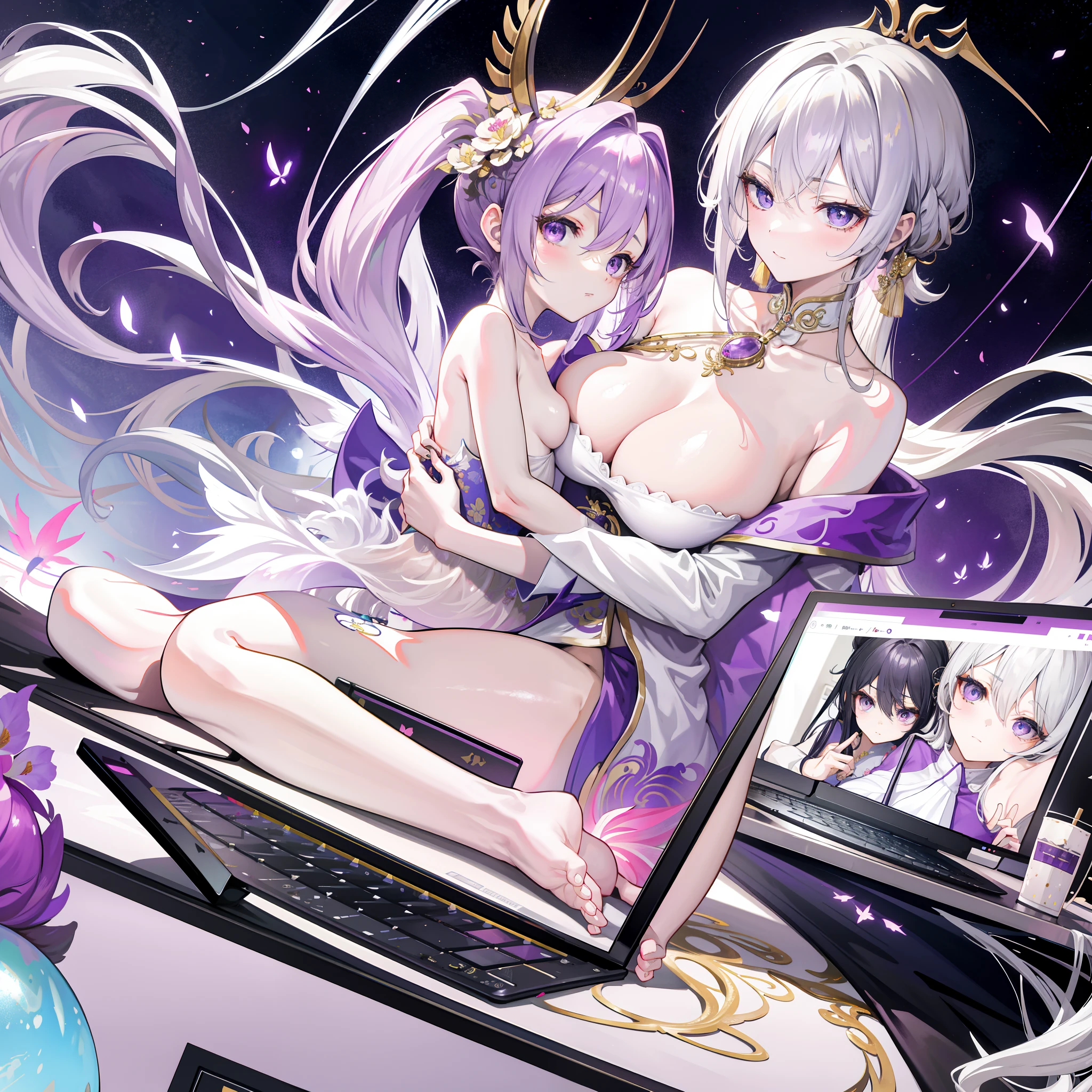 Masterpiece, Best quality,   Gold and purple theme,  Suzaku fairy, Delicate messy gray hair, Big eyes,Naked breasts，Avenue evolution，mistic，Chinese style，（Breastfeed your child：2），laptop，Play Honor of Kings