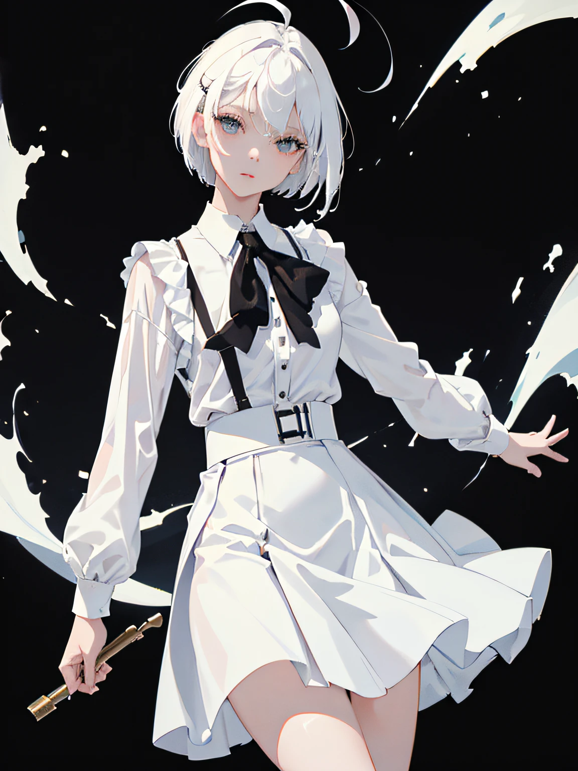 ((masterpiece, best quality)), (1girl), (solo), (female focus), (ahoge, white hair, short hair), black eyes, ((white shirt), (buttoned shirt)), ((black skirt), (short skirt)), standing, white background, behind arms,