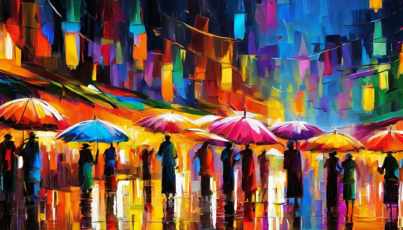 A night market from MYANMAR, RAINING SEASON, color full big umbrellas of night market, people are selling and buying, masterpiece  oil painting, impasto painting.