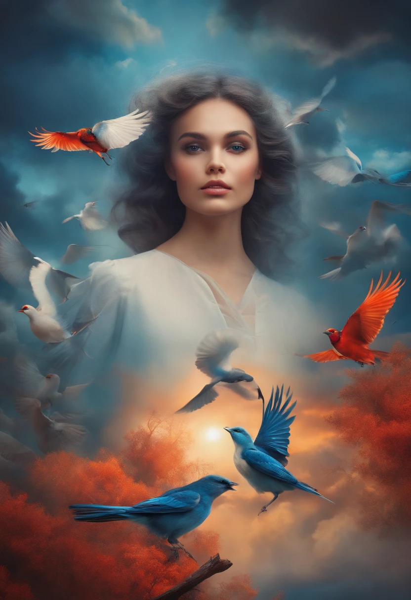 1girl, Cloud, Birds