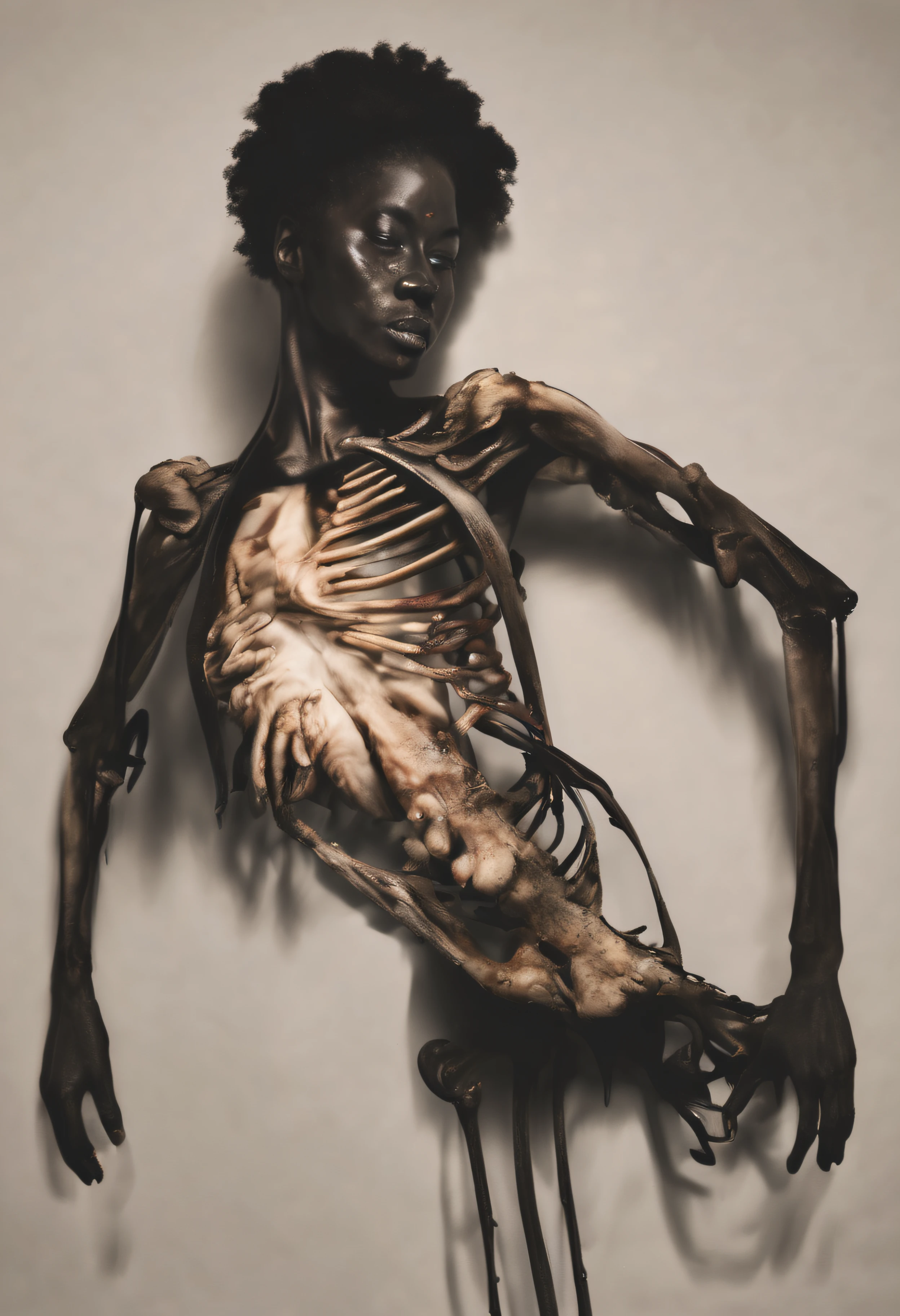 "(The best lighting, alto contraste, oscuro, dramatic),(Chica rubia junto a una cabra negra gigante, Open the rib cage, feto, autopsia, huesos humanos, sangre por las paredes). Luz Caravaggio"
