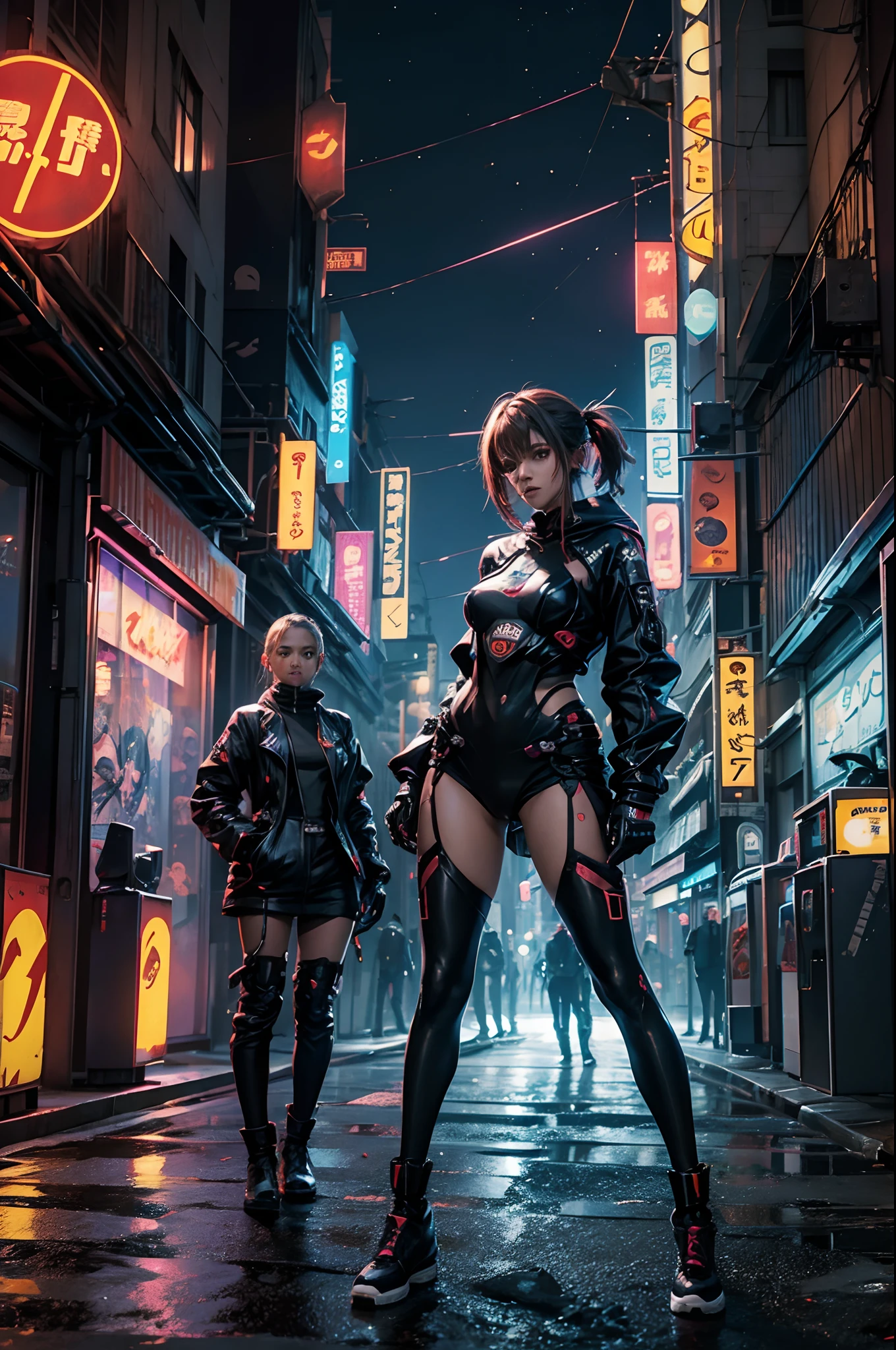 anime girl in short shorts and jacket standing next to giant robot, artwork in the style of guweiz, cyberpunk anime girl mech, trending on cgstation, guweiz, by Russell Dongjun Lu, digital cyberpunk anime art, ross tran 8 k, guweiz on artstation pixiv, girl in mecha cyber armor