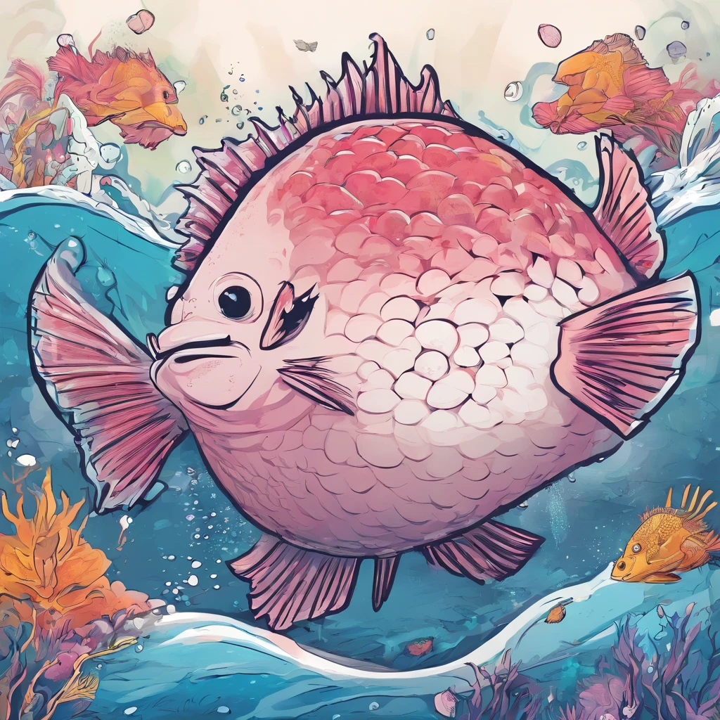 Japan and giant puffer fish，Fish with ghostly white scales,sewage，variation， Fierce fangs, and a long pink tongue, masutepiece, Best Quality，8K，Realiy，a picture