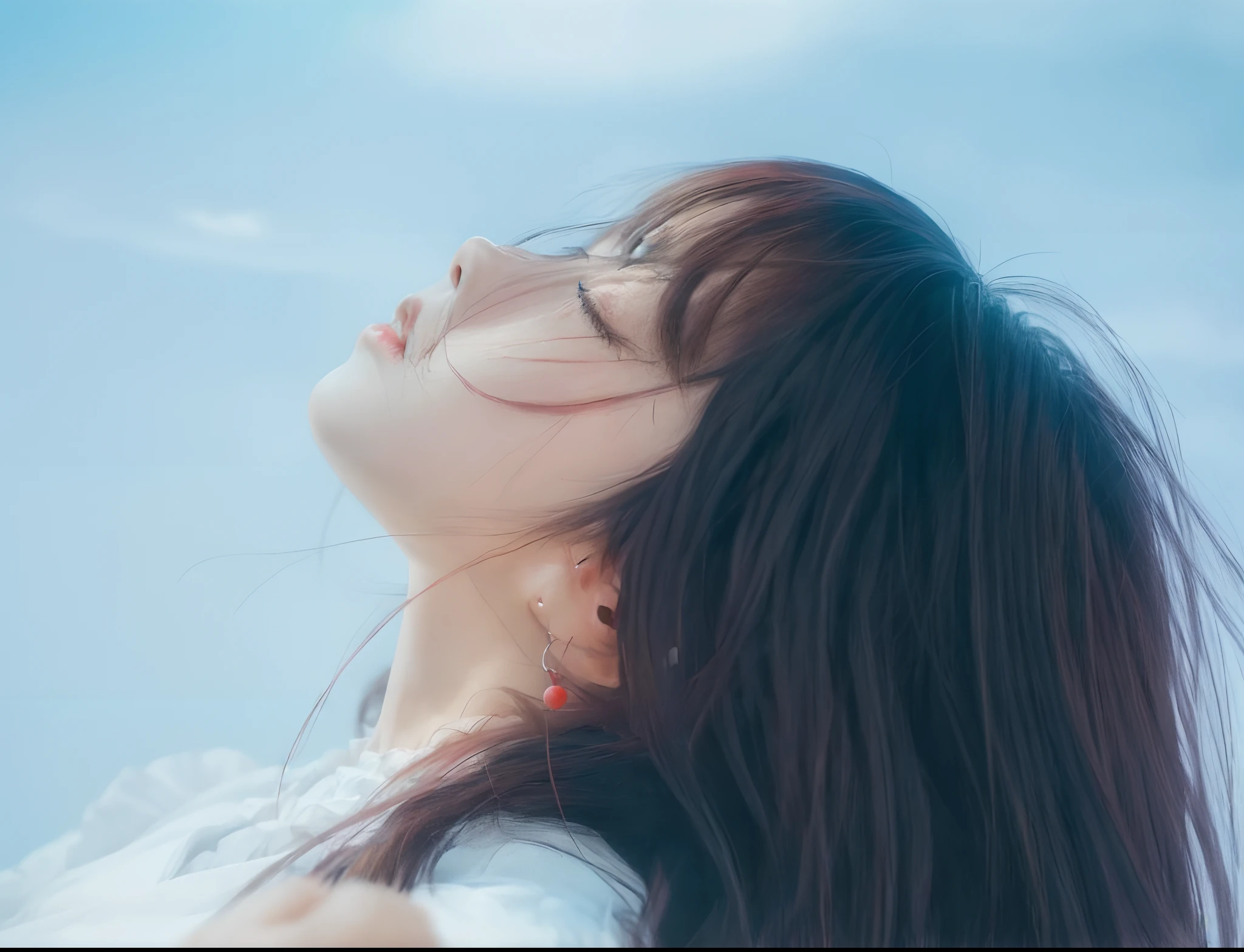 1 Korean girl, Repainted face, smooth facial features, redness on the face, no decoration on the facial features, facing upwards, beautiful hair, black to reddish hair, wearing a bright plain white dress, wearing earrings, red thin aunt, anime
Waiting to start
