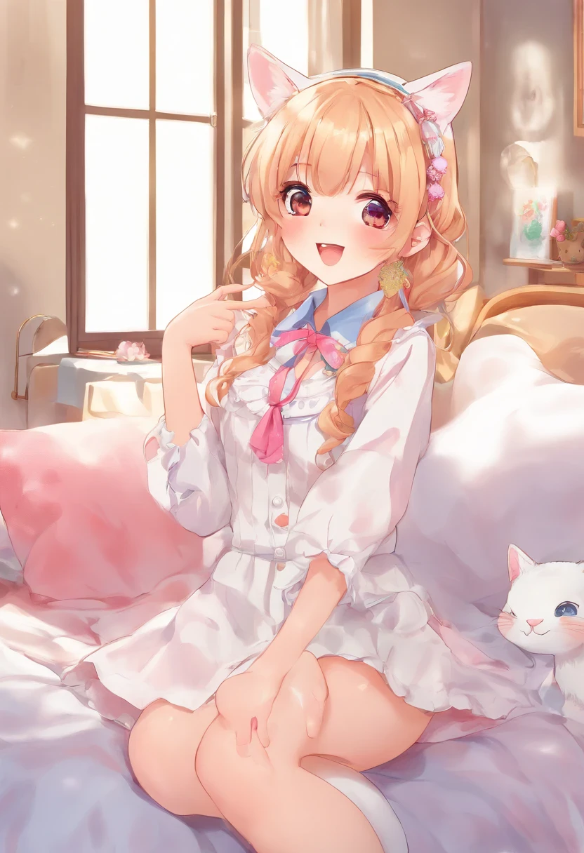 (Tongue out:1.3), pure white milk, Romantic and fresh, Cute short skirt, princess sitting on bed, Whole body,White stockings,Cat's ears,Little Breast