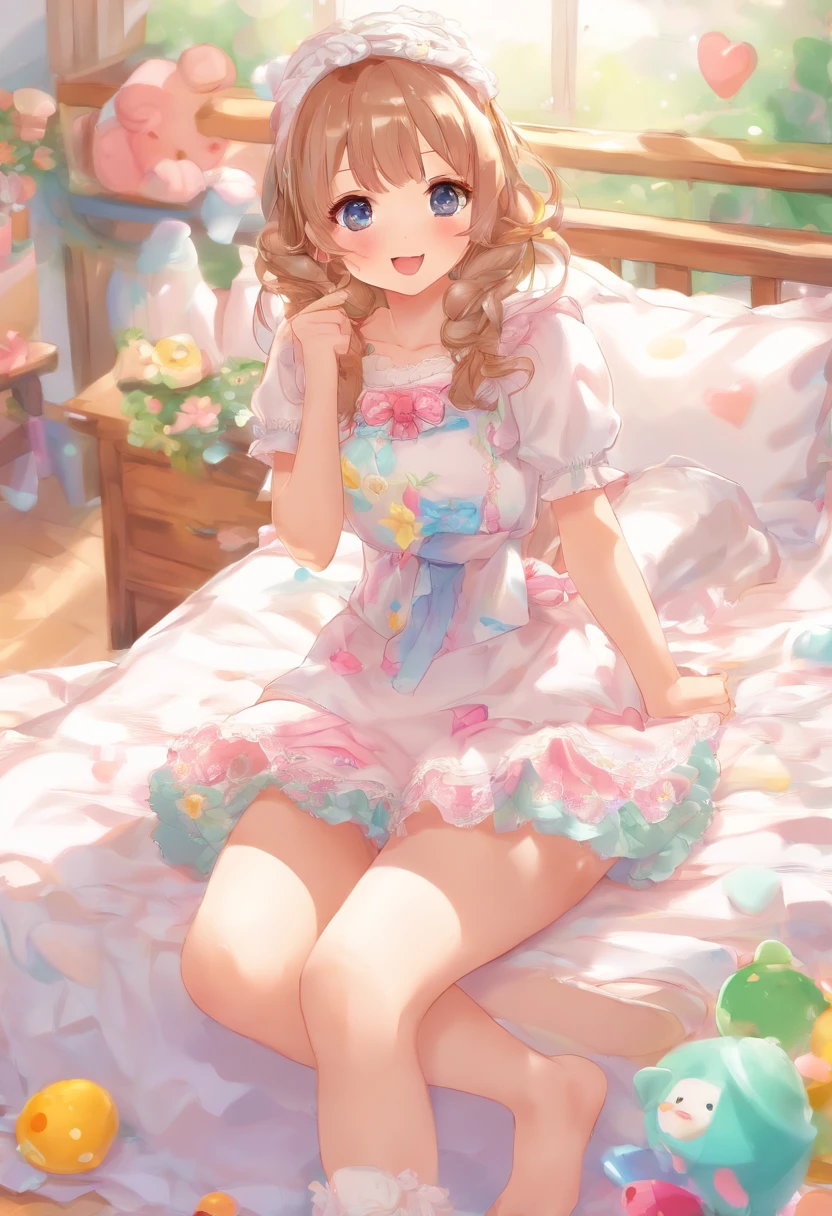(Tongue out:1.3), pure white milk, Romantic and fresh, Cute short skirt, princess sitting on bed, Whole body,White stockings,Cat's ears,Little Breast