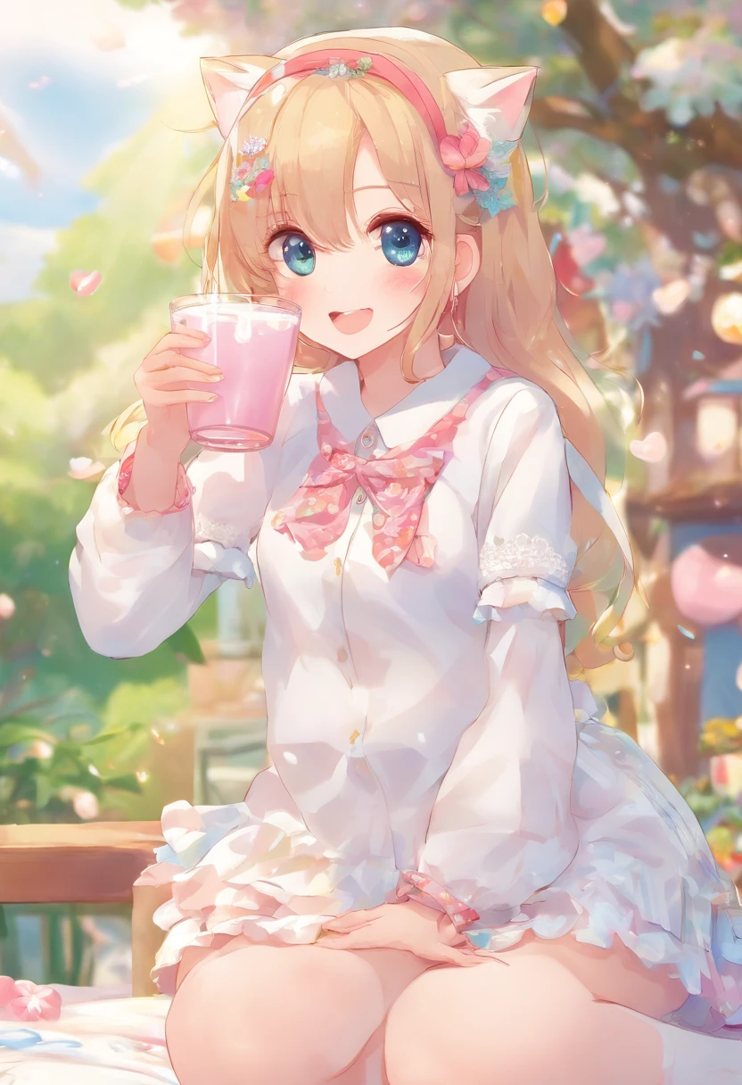 (Tongue out:1.3), pure white milk, Romantic and fresh, Cute short skirt, princess sitting on bed, Whole body,White stockings,Cat's ears,Little Breast