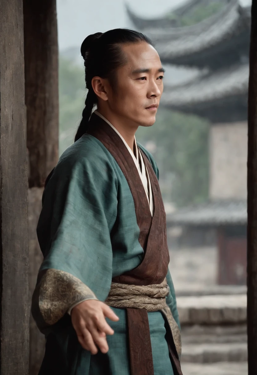 Jet li,Wear long braids,With sunglasses,Qing dynasty hemp costumes,Late Qing style street,Stand on the door frame,dark stormy clouds