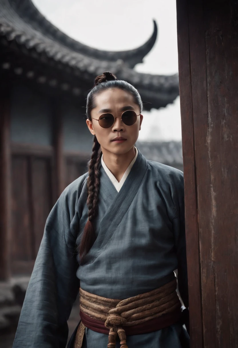 Jet li,Wear long braids,With sunglasses,Qing dynasty hemp costumes,Late Qing style street,Stand on the door frame,dark stormy clouds