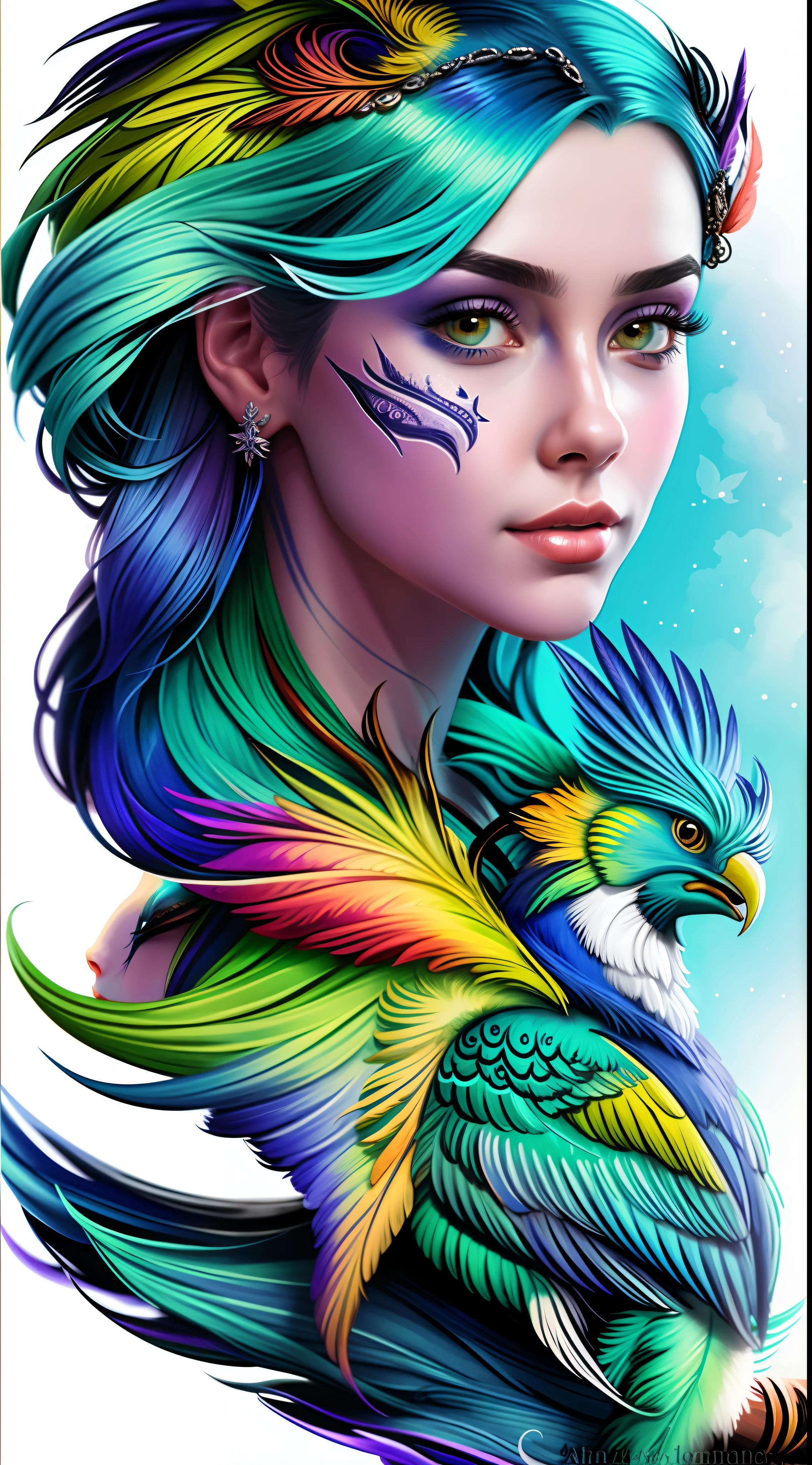 a woman with blue hair and colorful feathers on her head, arte de fantasia digital colorida, arte digital fantasia arte, lindo arte digital, bela arte digital, arte digital fantasia, arte digital de fantasia detalhada, bela arte digital, Arte digital altamente detalhada em 4k, arte digital de fantasia, retrato bonito da arte da fantasia, arte de fantasia digital em alta, arte digital muito bonita