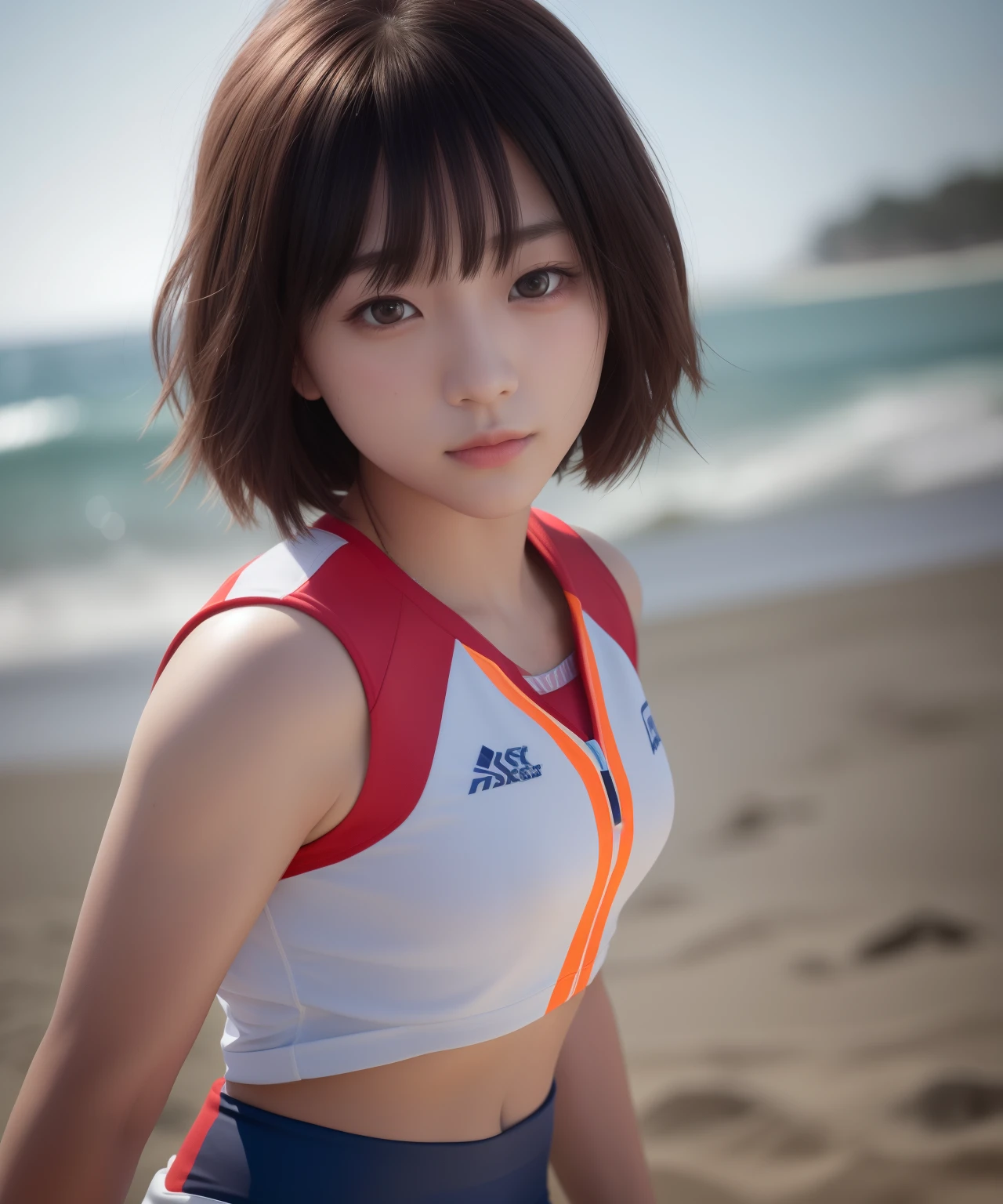 top-quality、masterpiece、Hi-Res、 1 人、12 only~14 only、beach volleyball uniform、Short bob hair、beautiful countenance、Tecateca、Tindall Effect、Photorealsitic、Dark Studio、Rim lighting、two tone lighting、(high-detail skin:1.2)、8K UHD、Digital SLR, softlighting, hightquality, Volumetric lighting, Frankness, a picture, hight resolution, 4K, 8K,