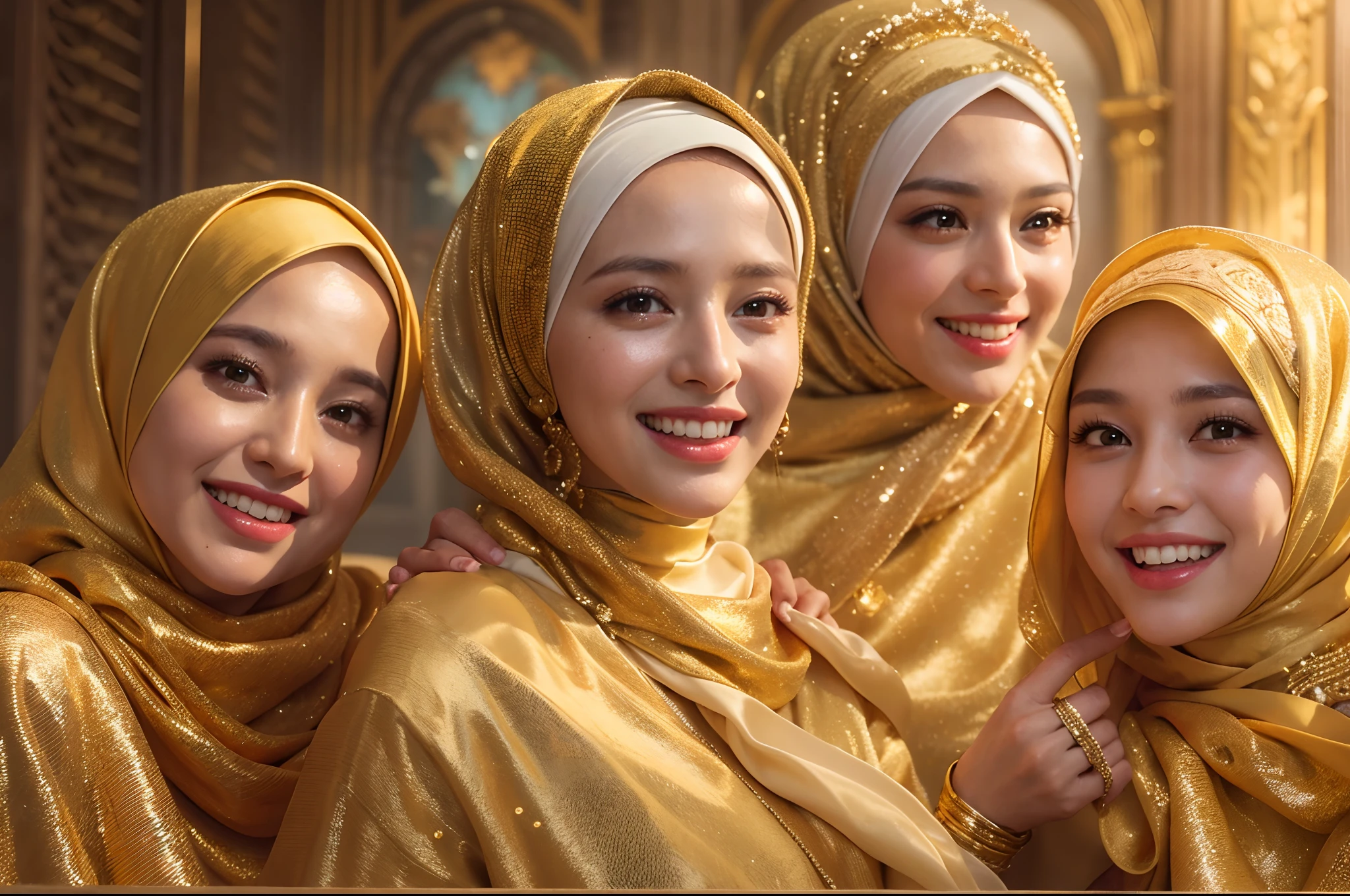 1girl, gorgeous Indonesian woman, silk abaya, hijab, smiling, shy, opened mouth, visible teeth, hot mom, full body portrait, (best quality,4k,8k,highres,masterpiece:1.2),ultra-detailed,(realistic,photorealistic,photo-realistic:1.37),HDR,UHD,studio lighting,ultra-fine painting,sharp focus,physically-based rendering,extreme detail description,professional,vivid colors,bokeh,portraits,warm color tones,dramatic lighting