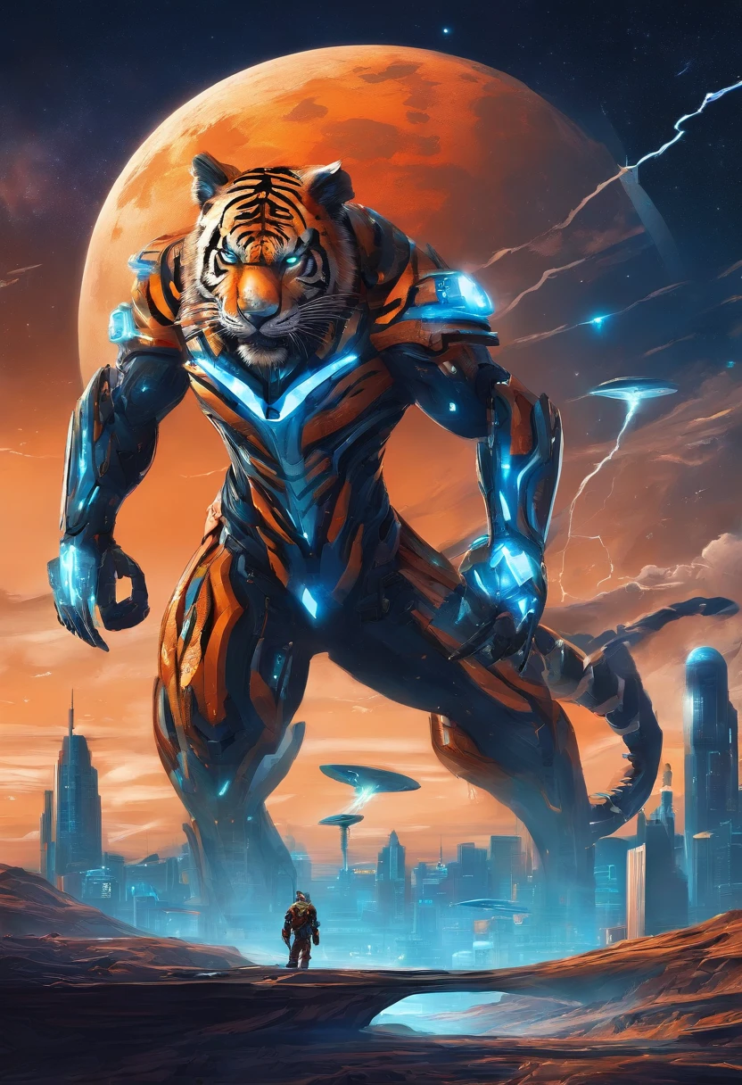 Lightning Tiger Blade, blue waves, brown and orange city scape, cresent moon, roar of the tiger, best quality, masterpiece