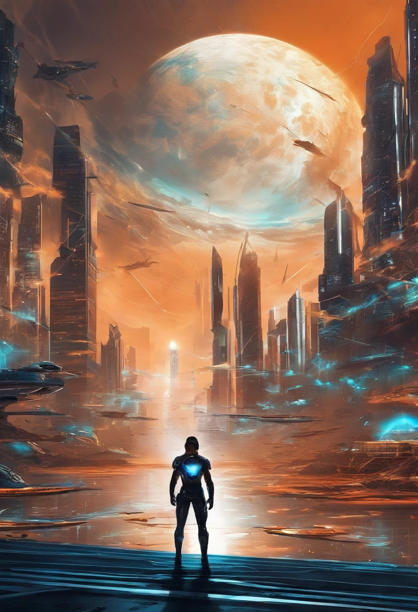 Lightning Tiger Blade, blue waves, brown and orange city scape, cresent moon, roar of the tiger, best quality, masterpiece