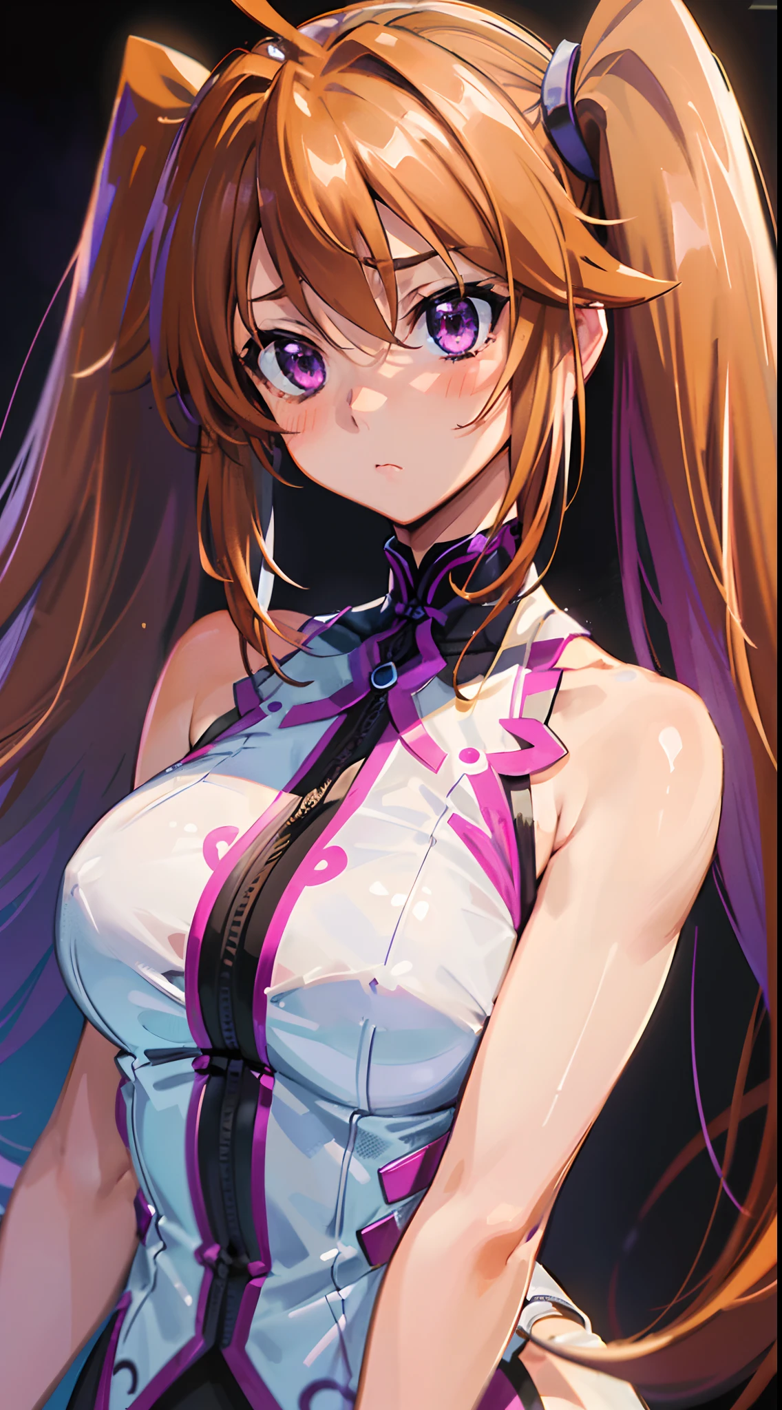 (best quality, master-piece:1.2), long brown hair, purple eyes, (ultra-detailed eyes), twintails, beautiful, Shidou Irina, medium breasts, standing, (((upper body))), (((elegant clothes))), ((close-up)), perfect anatomy, (sleeveless), (healthy skin), cinematic lighting, detailed face, expressive face, blushed, (classrom).