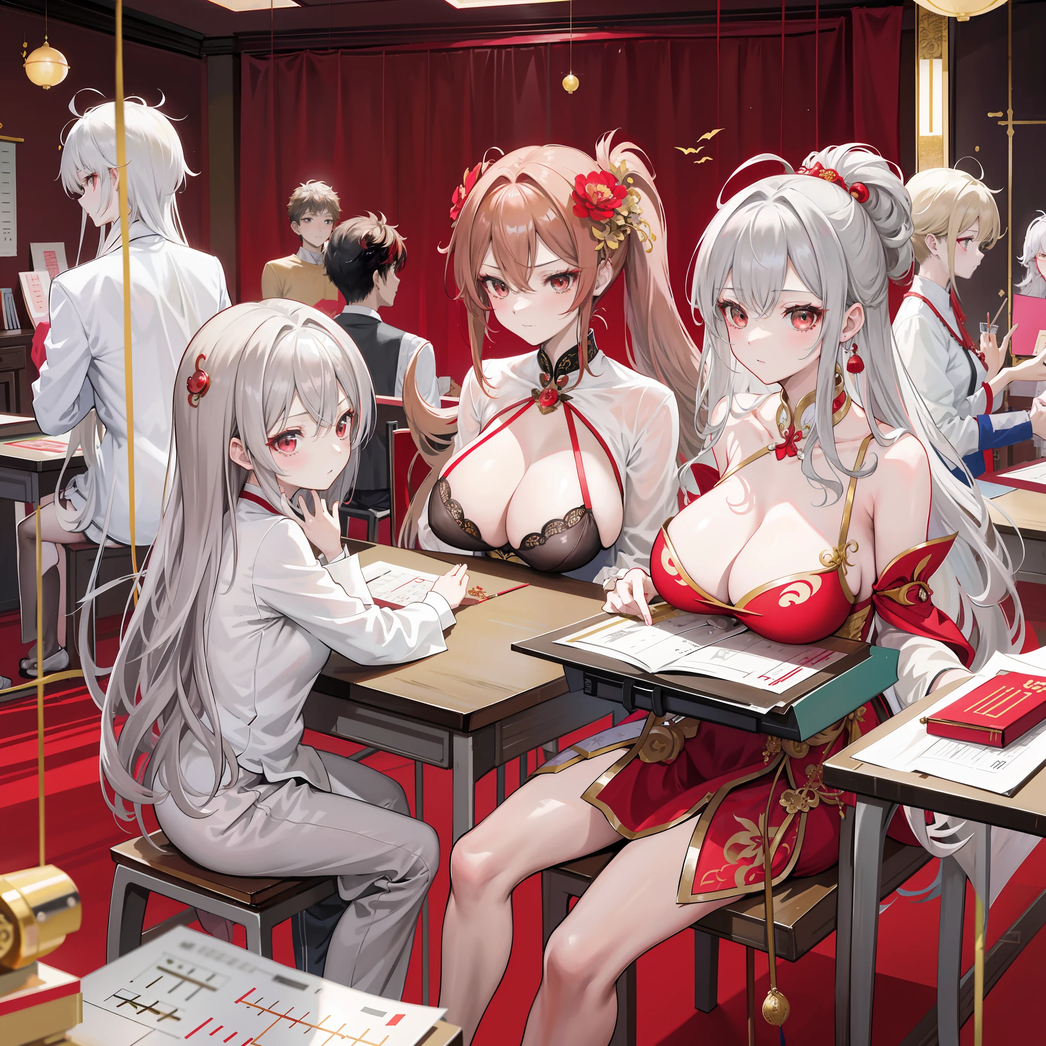 Masterpiece, Best quality,   Gold and red theme,  Suzaku fairy, Delicate messy gray hair,Naked breasts，on cheongsam，（modernization：2），（Breastfeed your child：2），（Classroom math lessons：3），There was a group of people around，Examining