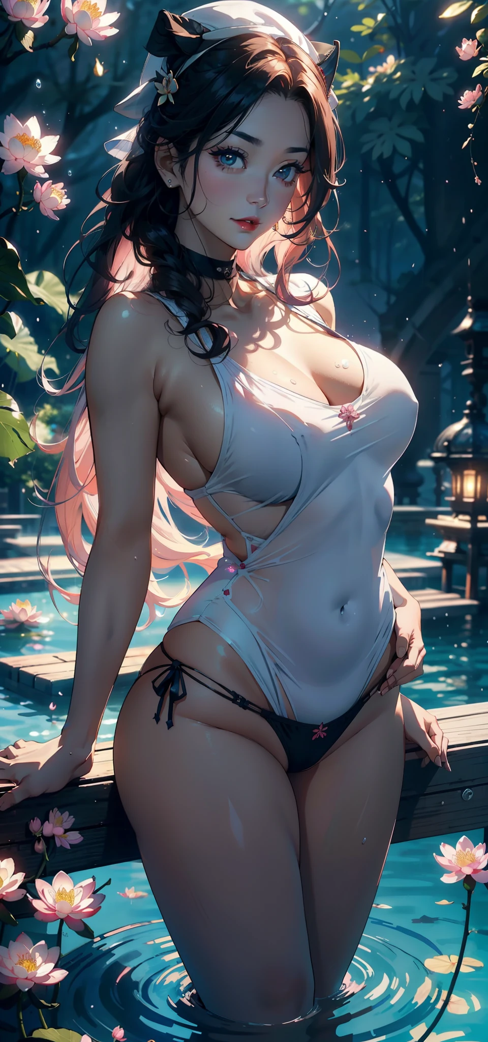 1female,35yo,A MILF,熟妇,Married Woman,plumw,extremely large bosom, 独奏,(Background with:lakes,Cherry blossom forest,lotus flower)Lie underwater, She has long pink hair,standing on your feet,seen from the front,, mostly cloudy sky,(((tmasterpiece),(Very detailed CG unity 8K wallpaper),best qualtiy,cinmatic lighting,detailed back ground,beatiful detailed eyes,Bright pupils,Black eyes,Snow-whiteskin,Redlip(Very fine and beautiful),(Beautiful and detailed eye description),ultra - detailed,tmasterpiece,))facing at camera,A high resolution,ultra - detailed),revealing breasts,Bare genitalia, Bulge,legs are open,Raised sexy,Camel toes,Flushed complexion,Desire for dissatisfaction,ssmile,frontage,(Wearing:a sailor suit,Sailor's cap)