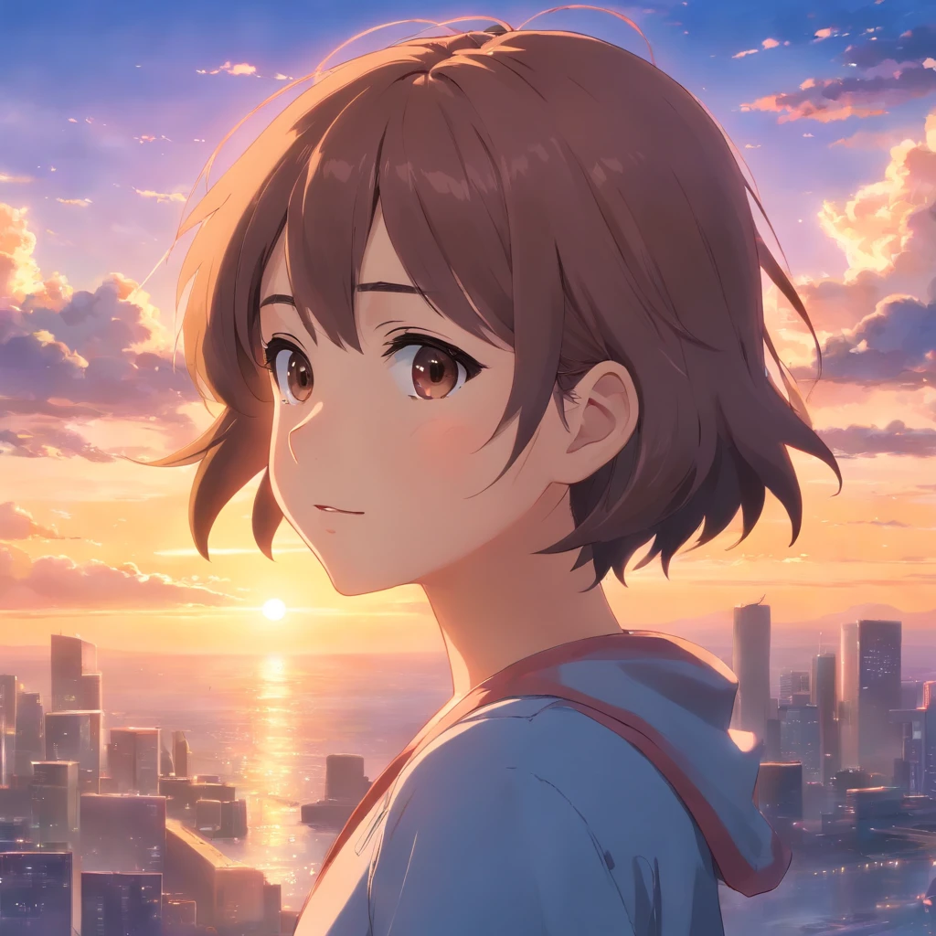 tmasterpiece,beste-Qualit,cinematic shot from the film,1girl,petite girl,Sunset clouds,Teenage female,8K,soaring in the sky,Splitting close-up,Dachshund, brunette, brown eyes, medium-height hair, Short stature