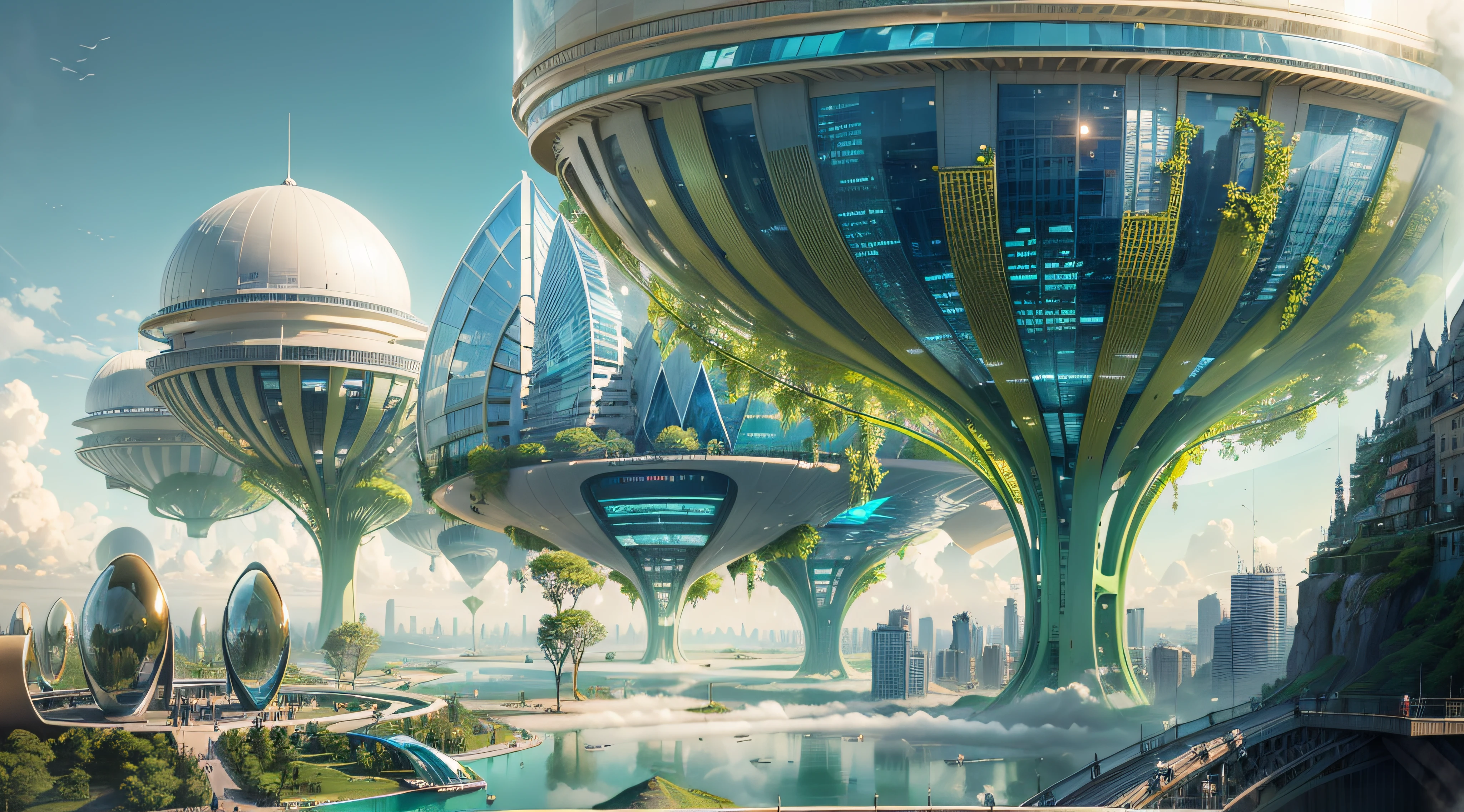 (Best quality,4K,8K,A high resolution,Masterpiece:1.2),Ultra-detailed,(Realistic,Photorealistic,photo-realistic:1.37),Futuristic floating city,Futuristic technology,Huge urban high-tech tablet platform,Airship,Floating in the sky,Futuristic city,Small airships around,High-tech hemispherical platform,Colorful lights,Advanced architecture,modernn architecture,skyscrapper,Access the cloud,Scenic beauty,view over city,Impressive design,Blend seamlessly with nature,energetic and vibrant atmosphere,Futuristic transportation system,Parking is suspended,Transparent path,Lush greenery,Sky gardens,cascading waterfalls,Magnificent skyline,reflections on the water,Sparkling river,Architectural innovation,futuristic skyscrapers,Transparent dome,The shape of the building is unusual,Elevated walkway,Impressive skyline,Glowing lights,Futuristic technology,Minimalist design,Scenic spots,Panoramic view,Cloud Piercing Tower,Vibrant colors,epic sunrise,epic sunset,Dazzling light display,magical ambiance,The future city,Urban Utopia,LuxuryLifestyle,Innovative energy,sustainable development,Smart city technology,Advanced infrastructure,Tranquil atmosphere,Nature and technology live in harmony,Awesome cityscape,Unprecedented urban planning,Architecture connects seamlessly with nature,High-tech metropolis,A cutting-edge engineering marvel,The future of urban living,Visionary architectural concept,Energy-efficient buildings,Harmony with the environment,A city floating above the clouds,Utopian dreams become reality,The possibilities are endless,State-of-the-art transportation network,Green energy integration,Innovative materials,Impressive holographic display,Advanced communication system,Breathtaking aerial view,Quiet and peaceful environment,Modernist aesthetics,Ethereal beauty