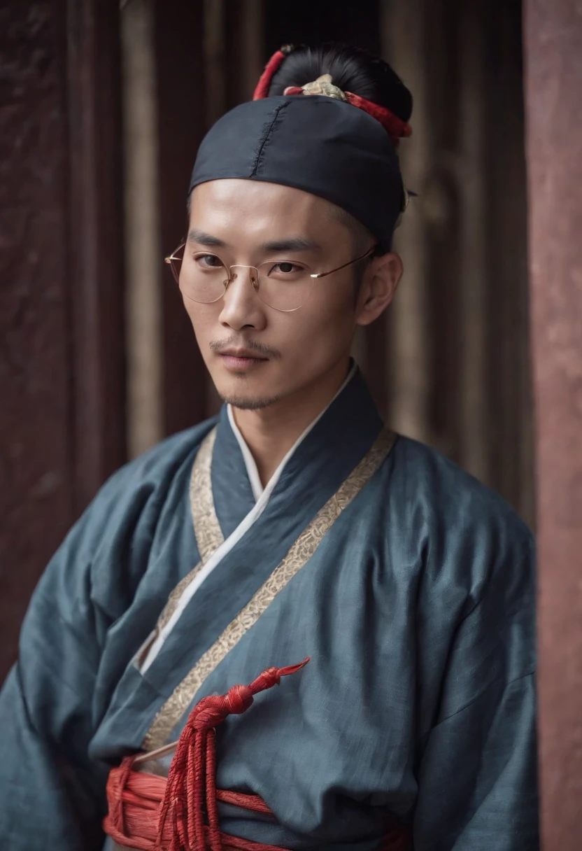 Wu Jing,Braided long,With sunglasses,Qing dynasty hemp costumes,Late Qing style street,Stand on the door frame,dark stormy clouds