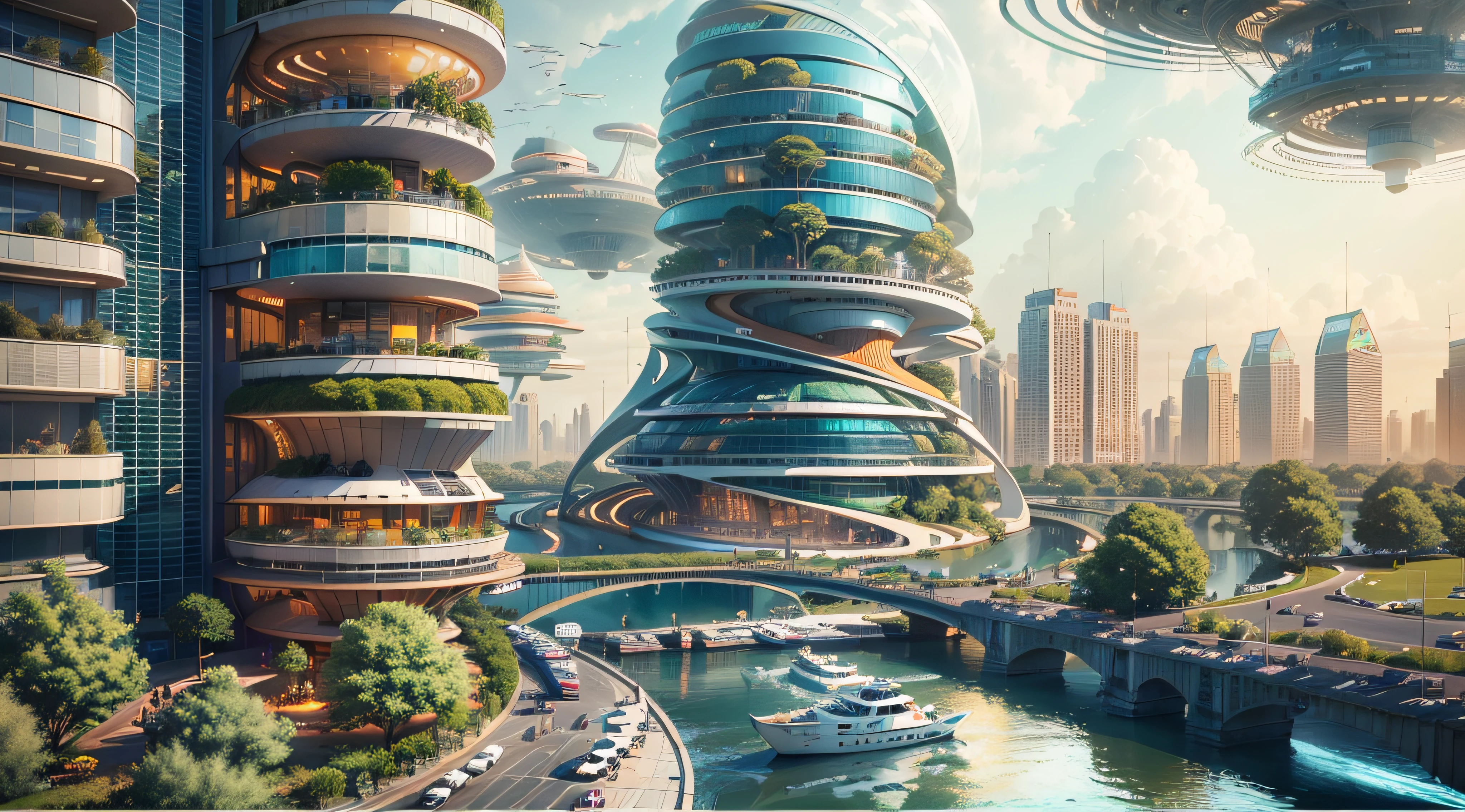 (Best quality,4K,8K,A high resolution,Masterpiece:1.2),Ultra-detailed,(Realistic,Photorealistic,photo-realistic:1.37),Futuristic floating city,Futuristic technology,Huge urban high-tech tablet platform,Airship,Floating in the sky,Futuristic city,Small airships around,High-tech hemispherical platform,Colorful lights,Advanced architecture,modernn architecture,skyscrapper,Access the cloud,Scenic beauty,view over city,Impressive design,Blend seamlessly with nature,energetic and vibrant atmosphere,Futuristic transportation system,Parking is suspended,Transparent path,Lush greenery,Sky gardens,cascading waterfalls,Magnificent skyline,reflections on the water,Sparkling river,Architectural innovation,futuristic skyscrapers,Transparent dome,The shape of the building is unusual,Elevated walkway,Impressive skyline,Glowing lights,Futuristic technology,Minimalist design,Scenic spots,Panoramic view,Cloud Piercing Tower,Vibrant colors,epic sunrise,epic sunset,Dazzling light display,magical ambiance,The future city,Urban Utopia,LuxuryLifestyle,Innovative energy,sustainable development,Smart city technology,Advanced infrastructure,Tranquil atmosphere,Nature and technology live in harmony,Awesome cityscape,Unprecedented urban planning,Architecture connects seamlessly with nature,High-tech metropolis,A cutting-edge engineering marvel,The future of urban living,Visionary architectural concept,Energy-efficient buildings,Harmony with the environment,A city floating above the clouds,Utopian dreams become reality,The possibilities are endless,State-of-the-art transportation network,Green energy integration,Innovative materials,Impressive holographic display,Advanced communication system,Breathtaking aerial view,Quiet and peaceful environment,Modernist aesthetics,Ethereal beauty