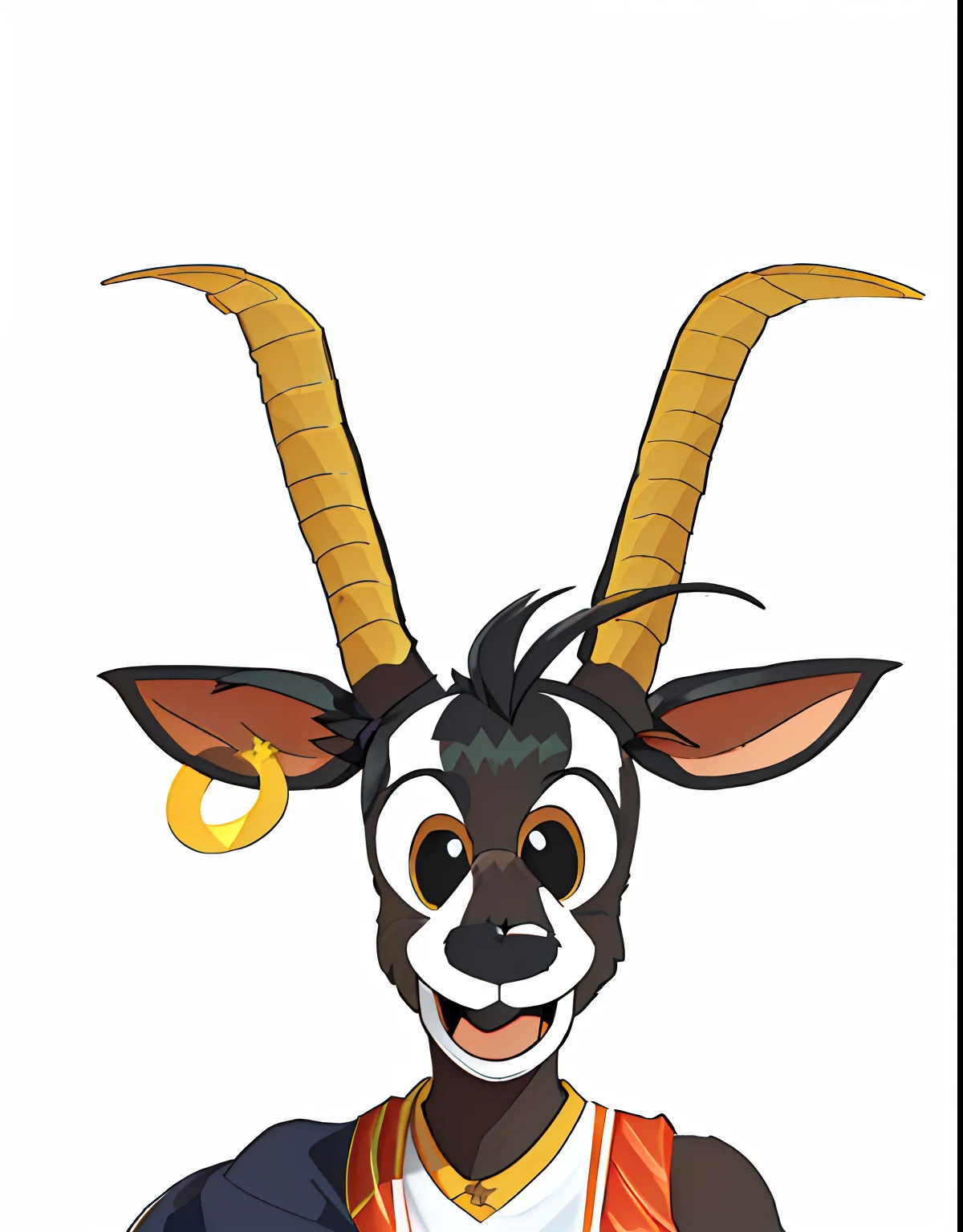 There's a goat in a basketball and basketball uniform, com chifres, cauda longa com chifres, Goat horns on the head, "Retrato de um animal de desenho animado, chifres de cabra, grande cauda com chifres, orelhas longas e pontudas, two large horns on the head, com chifres pretos em vez de orelhas, Mascot illustration, horns on head, horned