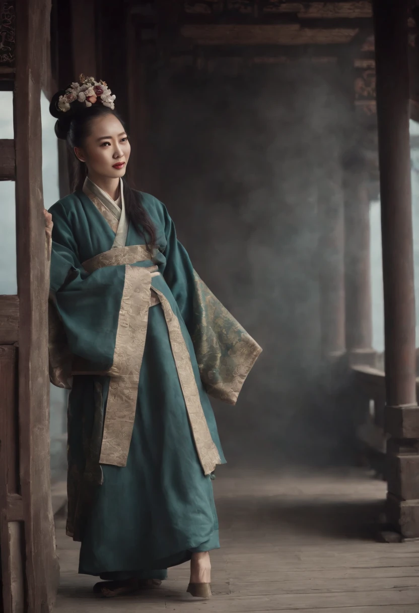 Ma，With sunglasses，Qing dynasty hemp costumes，Late Qing style street，Stand on the door frame，dark stormy clouds