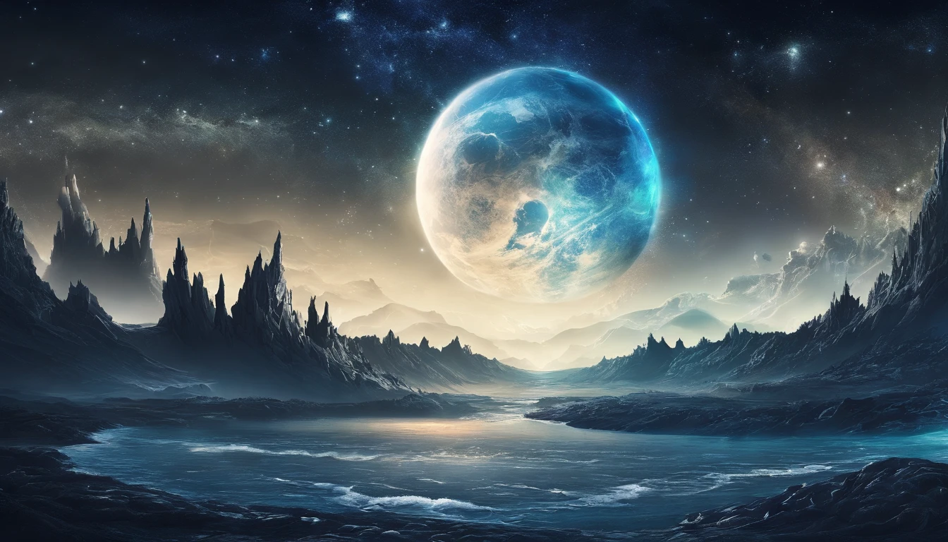 huge planet, the night, starrysky, surrealism, masutepiece, hight resolution、Impressive Milky Way:1.9、sand beach、Vast blue ocean、Blue Waves、Blue glacier、lightning bolt:1.9、Protoplanets、pure beauty