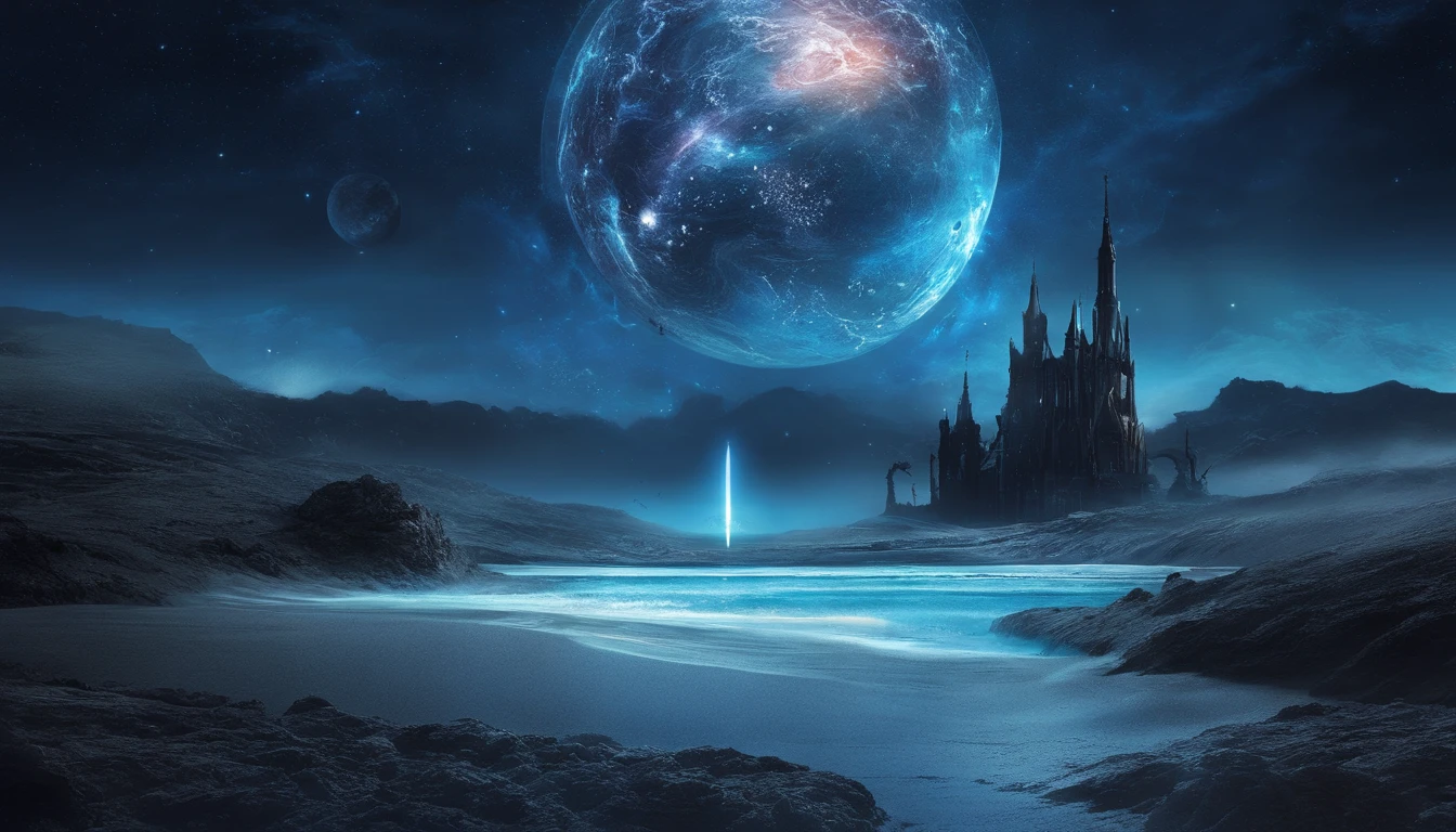 huge planet, the night, starrysky, surrealism, masutepiece, hight resolution、Impressive Milky Way:1.9、sand beach、Vast blue ocean、Blue Waves、Blue glacier、lightning bolt:1.9、Protoplanets、pure beauty