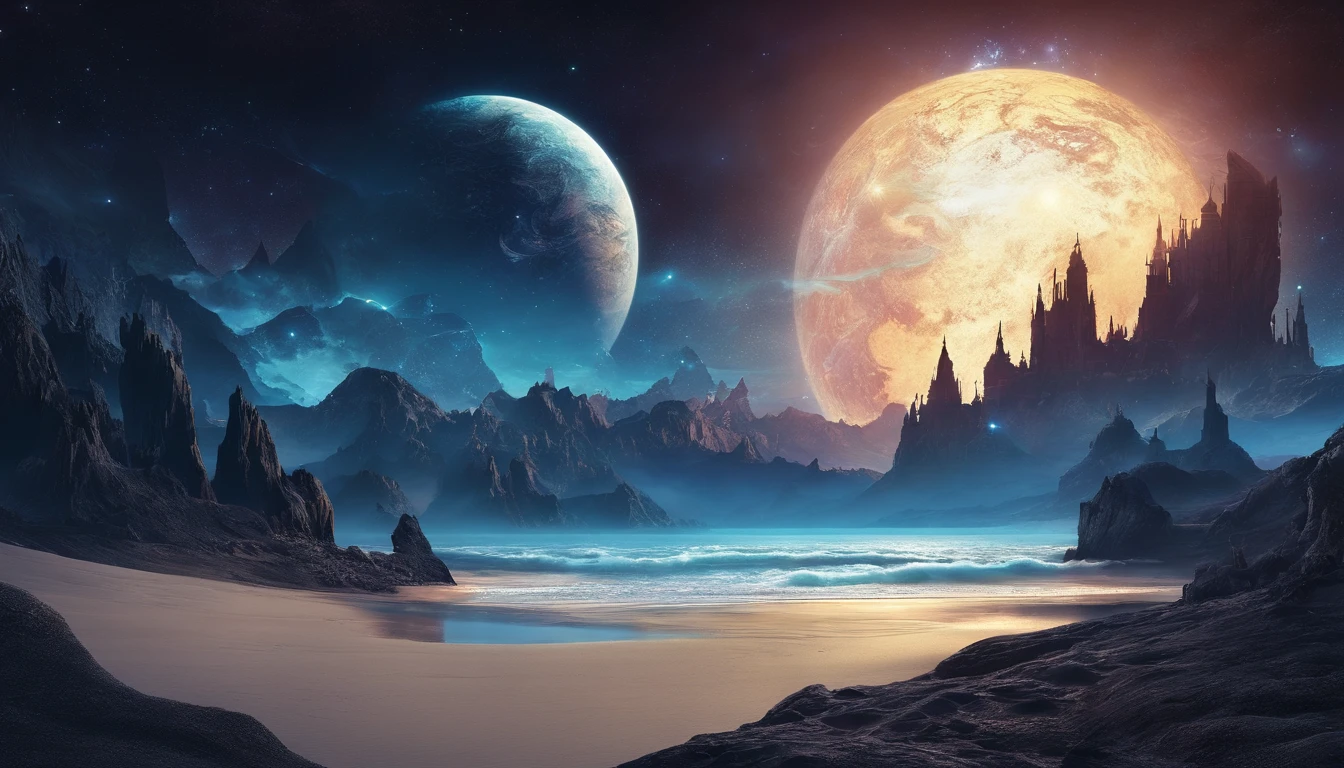 huge planet, the night, starrysky, surrealism, masutepiece, hight resolution、Impressive Milky Way:1.9、sand beach、Vast blue ocean、Blue Waves、Blue glacier、lightning bolt:1.9、Protoplanets、pure beauty