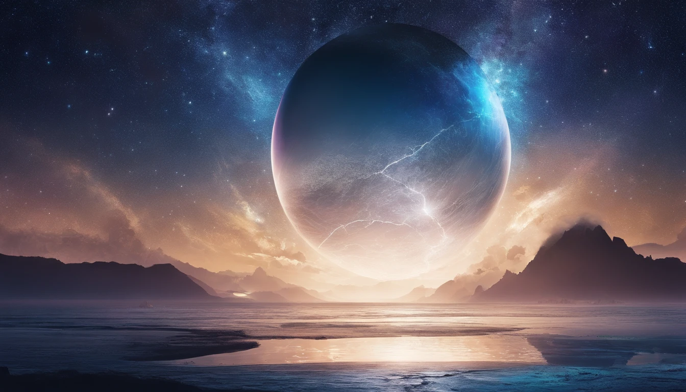 huge planet, the night, starrysky, surrealism, masutepiece, hight resolution、Impressive Milky Way:1.9、sand beach、Vast blue ocean、Blue Waves、Blue glacier、lightning bolt:1.9、Protoplanets、pure beauty