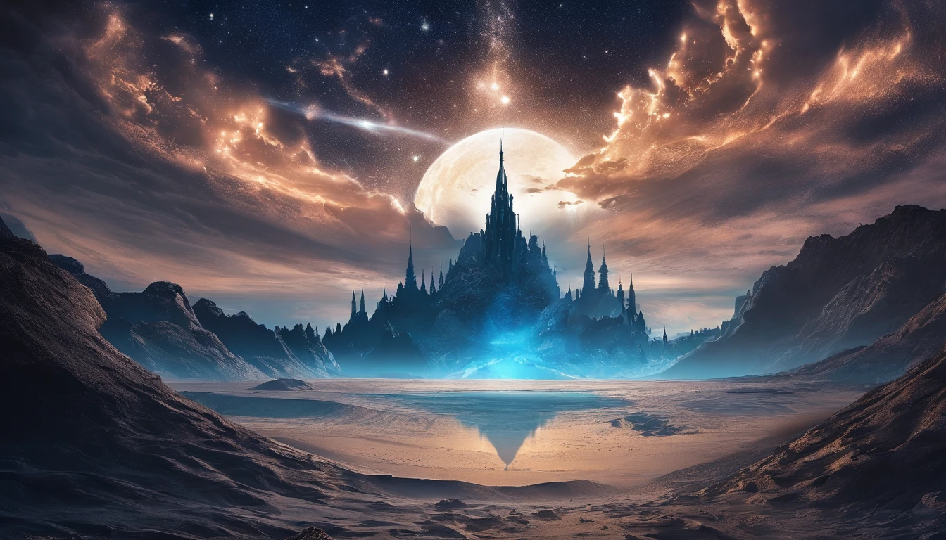 huge planet, the night, starrysky, surrealism, masutepiece, hight resolution、Impressive Milky Way:1.9、sand beach、Vast blue ocean、Blue Waves、Blue glacier、lightning bolt:1.9、Protoplanets、pure beauty