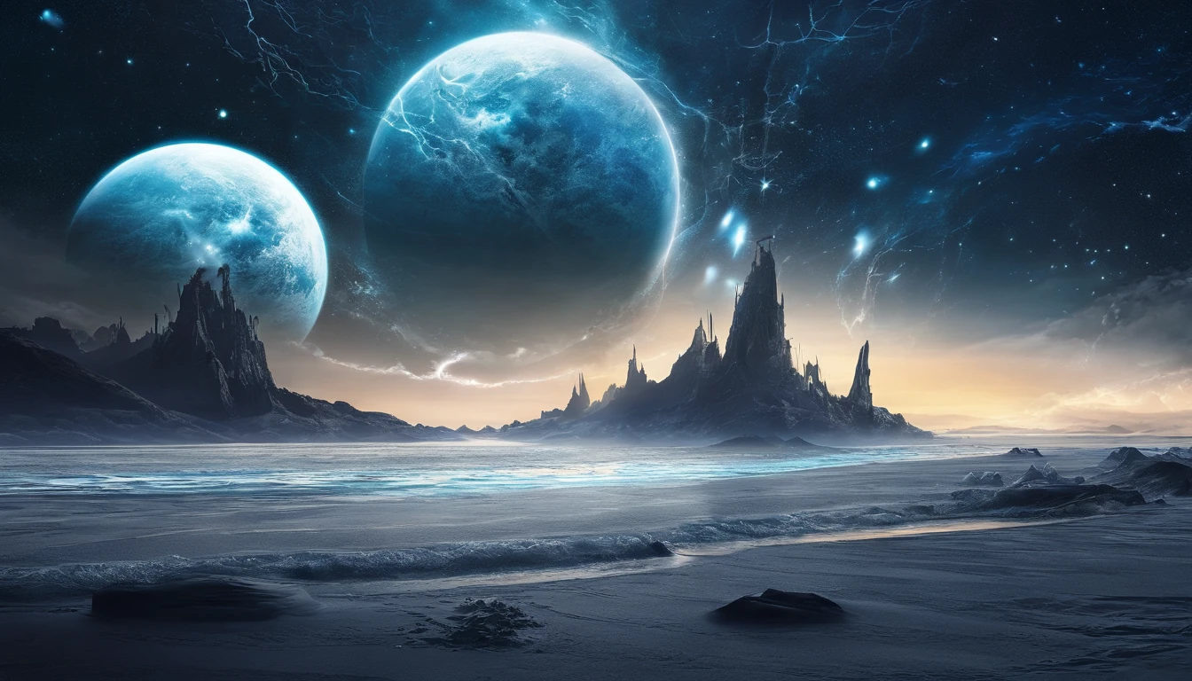 huge planet, the night, starrysky, surrealism, masutepiece, hight resolution、Impressive Milky Way:1.9、sand beach、Vast blue ocean、Blue Waves、Blue glacier、lightning bolt:1.9、Protoplanets、pure beauty