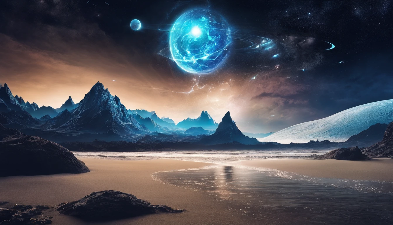 huge planet, the night, starrysky, surrealism, masutepiece, hight resolution、Impressive Milky Way:1.9、sand beach、Vast blue ocean、Blue Waves、Blue glacier、lightning bolt:1.9、Protoplanets、pure beauty