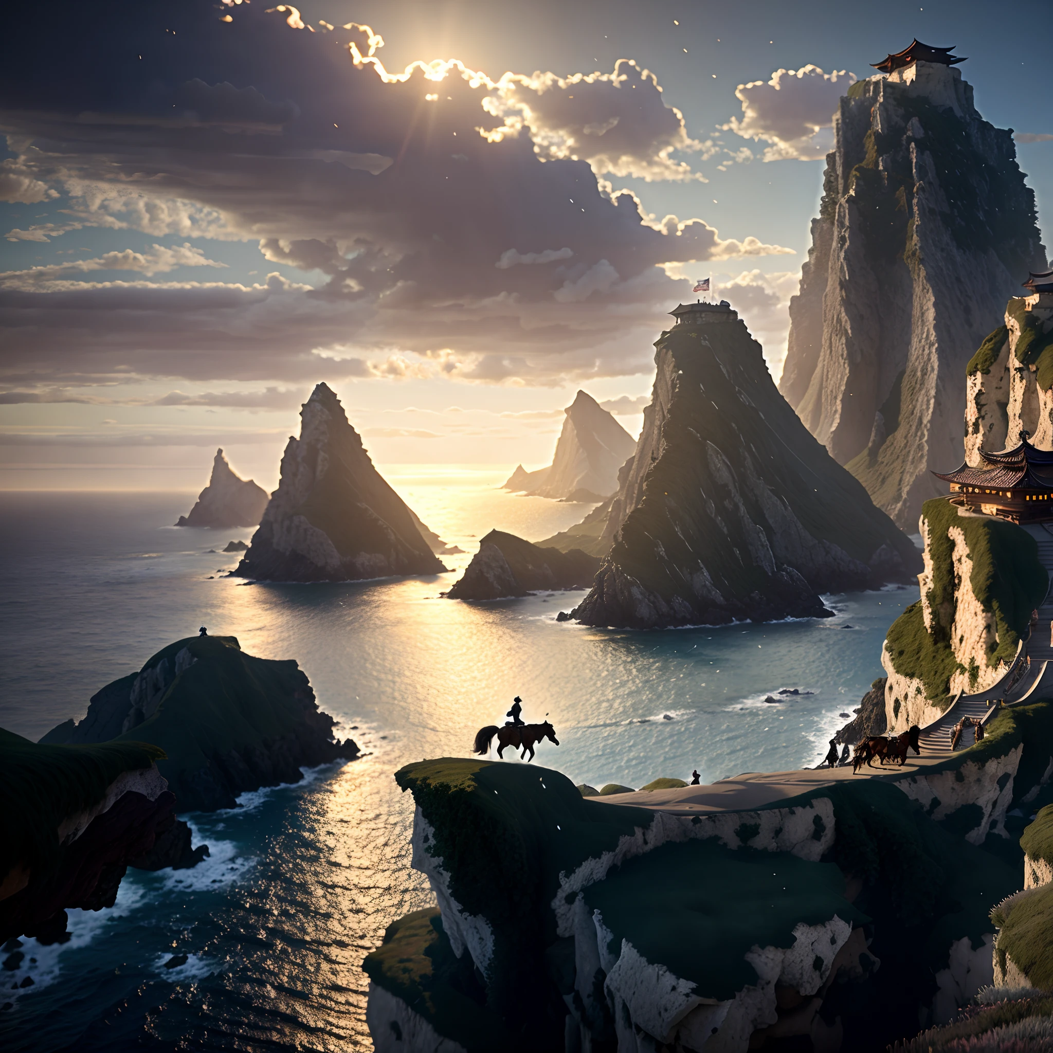 There was a man riding a horse on a cliff overlooking the sea, fantasy style 8 k octane render, Cinematography concept art, (rendering by octane) Fantasy style, great composition cinematic, 8k matte painting, 8 k matte painting, 3 d render and matte painting, elegant cinematic fantasy art, elden ring cinematic lighting, epic cinematic matte painting