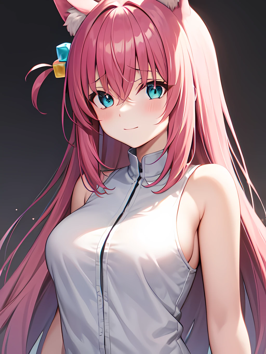 1girl, animal_ear_fluff, animal_ears, bangs, bare_shoulders, black_hair, blush, breasts, cat_ears, closed_mouth, eyebrows_visible_through_hair, green_eyes, grey_background, hair_between_eyes, karyl_(princess_connect!), long_hair, looking_at_viewer, medium_breasts, multicolored_hair, shirt, simple_background, sleeveless, sleeveless_shirt, solo, upper_body, white_background, white_shirt, Masterpiece, best quality, high resolution, hitori gotou, blue eyes, cube hair ornament, hair between eyes, hair ornament, pink hair, one side up, long hair, ,