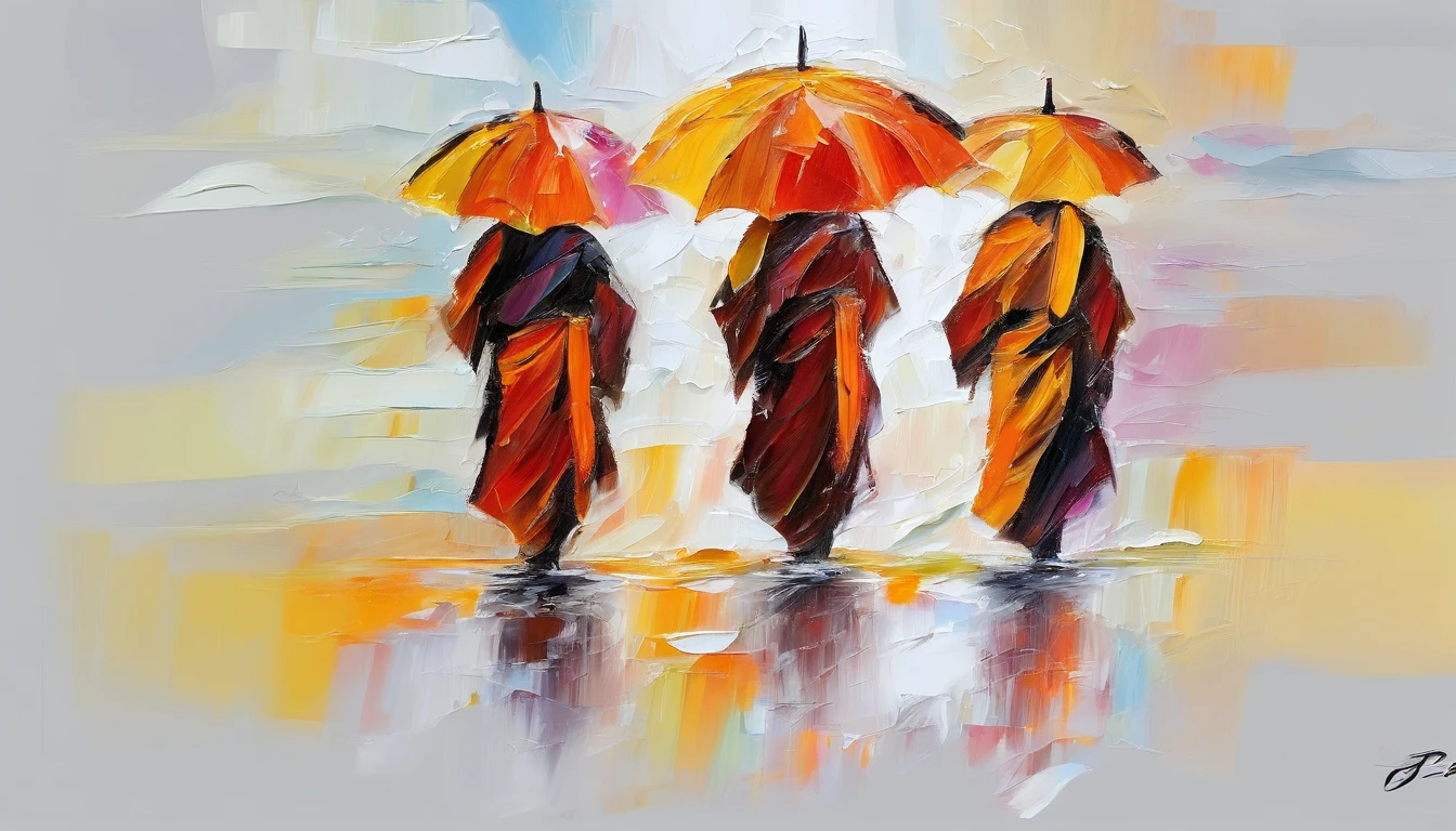 3 monks, each wearing an umbrella, went back, RAINING SEASON, white background masterpiece oil painting, impasto painting.