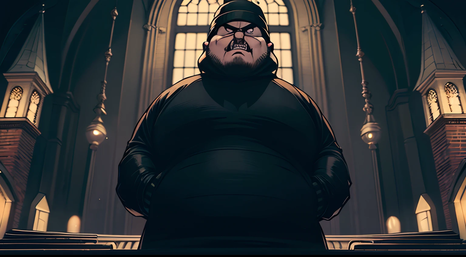 fat man, robber, wearing a black sweater, black beanie hat, bald, creepy face, sad, scream, inside gotham city church, night time