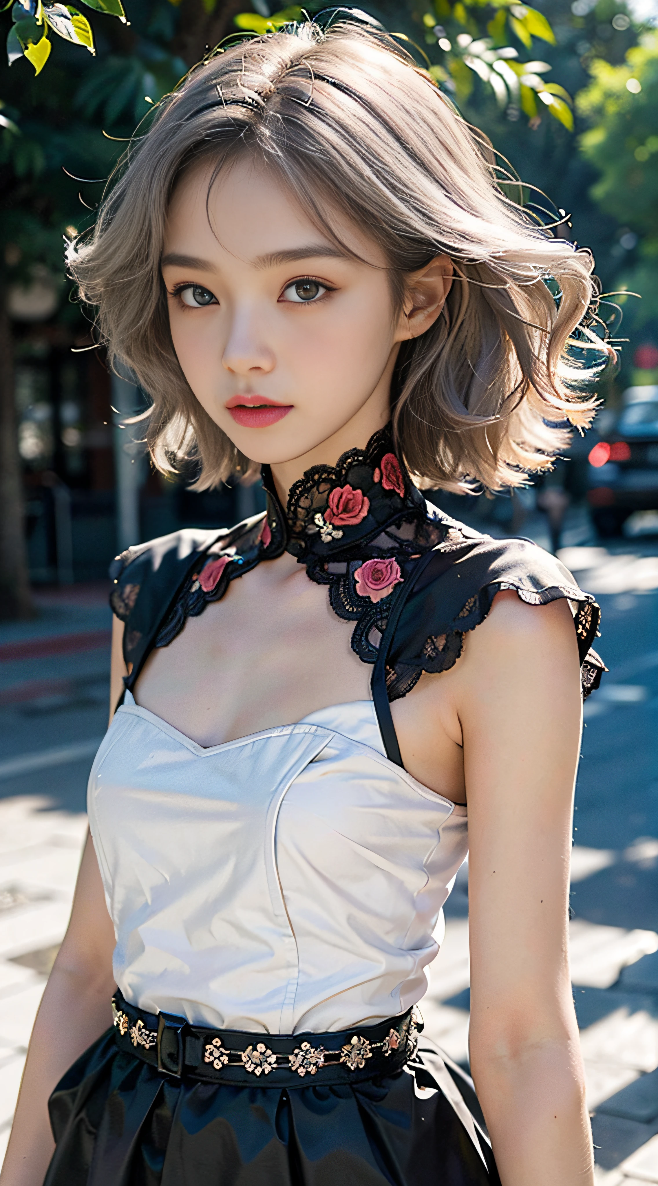 (((Masterpiece, top quality, super detailed))), One doll-like female in gothic ta fashion, 14 ycurate anatomy (beautiful gray eyes, very, very large slitted eyes, delicate, lonely, beautiful eyes, very, very long eyelashes, thin nose, small mouth, thin lips, thin body, slightly long neck, slightly thin shoulders, long thin arms, long thin legs), accurate pose (facing forward), exact make-up (unhealthy complexion, natural make-up, light brown eye shadow, very light pink blush, natural and natural very light pink lipstick), exact skin (clear white, perfectly smooth), exact hair (bright clean silver hair, curled lengthwise silver, long, windswept hair), accurate costume (black dress with ruffles, lace and black roses, black dress with visible shoulders and bust), accurate lighting (dim low light, oblique light) photographic equipment (SLR, single focus lens), settings (f/1.8, S400, ISO 100), accurate background (plain black), A highly realistic photograph that accurately captures the entire body, (((a dramatic leap in overall precision, creating a super detailed and realistic image))).