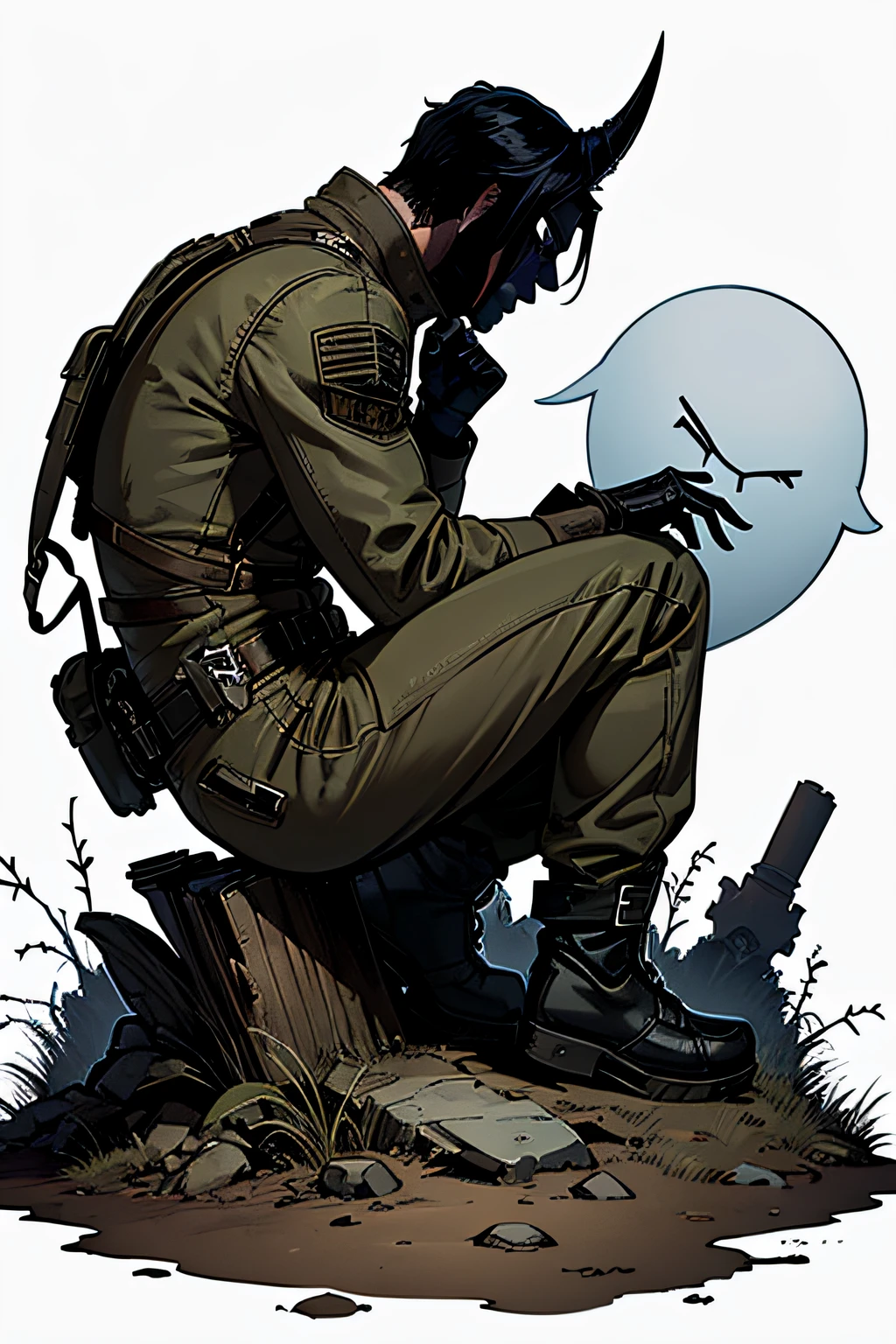 (side view, wasteland), (on the left a ghost hunter looking to the right), (in font of him a menacing spirit)