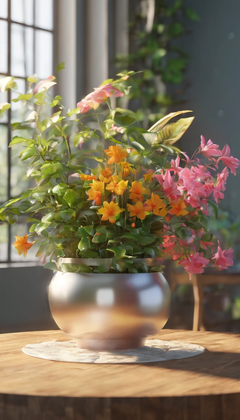 Environment of flowers and plants In the middle is a blank table made of metal。C4D 3D 。Surrounded by plants