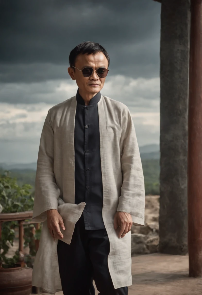Jack Ma,With sunglasses,Cotton and linen tang clothing,cloth shoes,Stand in the door frame,dark stormy clouds