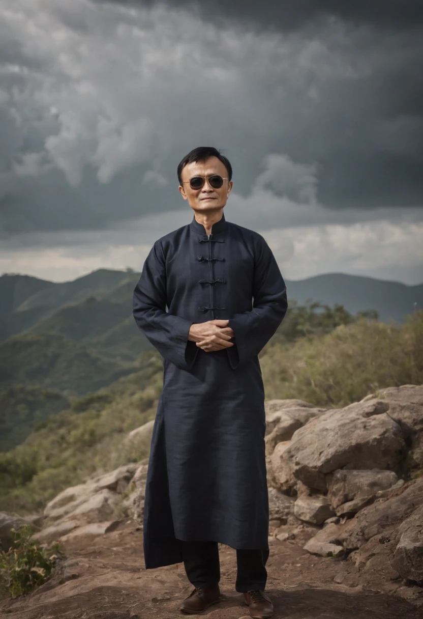 Jack Ma，With sunglasses，Cotton and linen tang clothing，cloth shoes，Stand in the door frame，dark stormy clouds