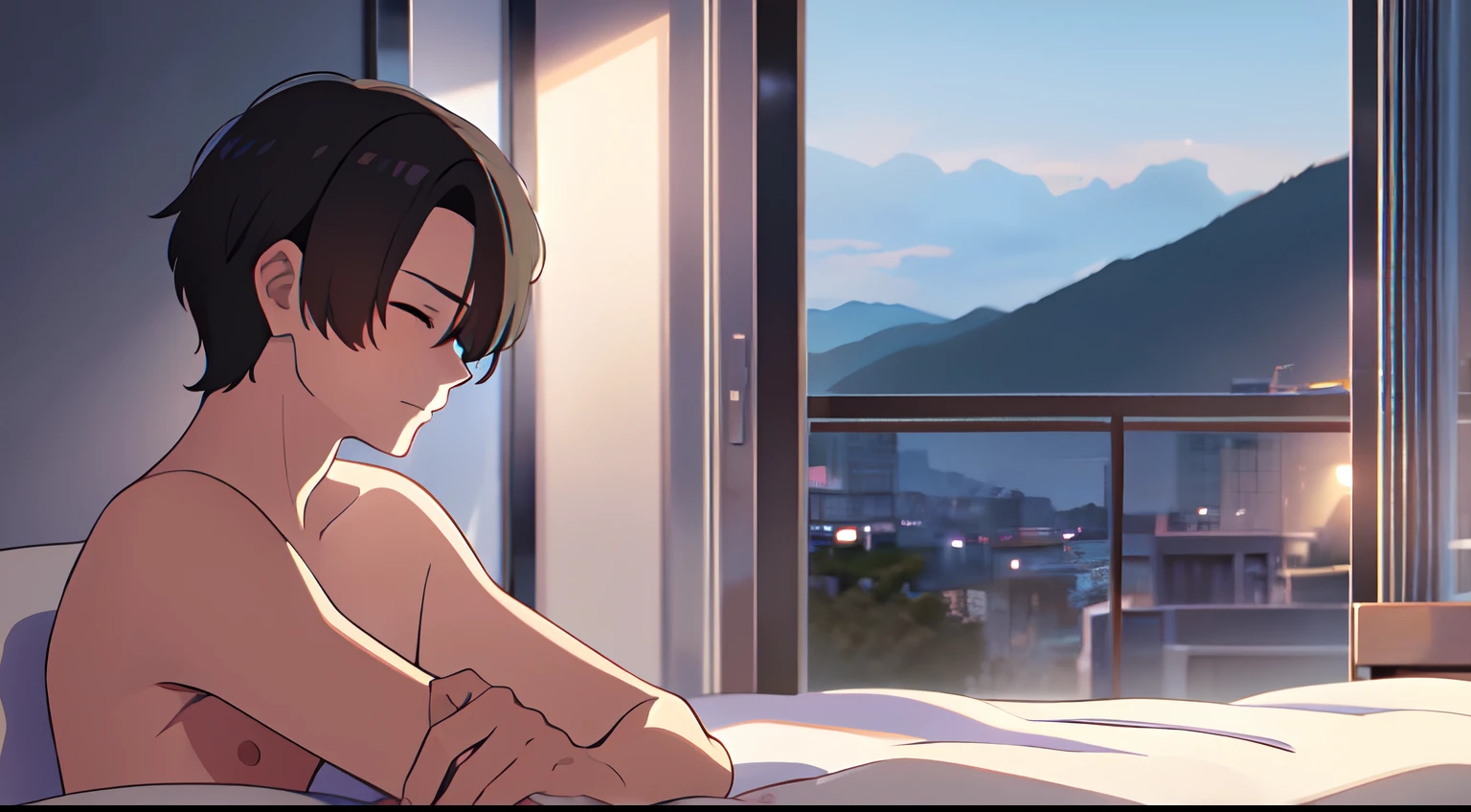 Masterpiece, best quality, (1Boy) , (solo), short hair swept to the right, black hair, parted bangs, forehead, closing eyes, sleep, night, naked, window, bedroom scenery